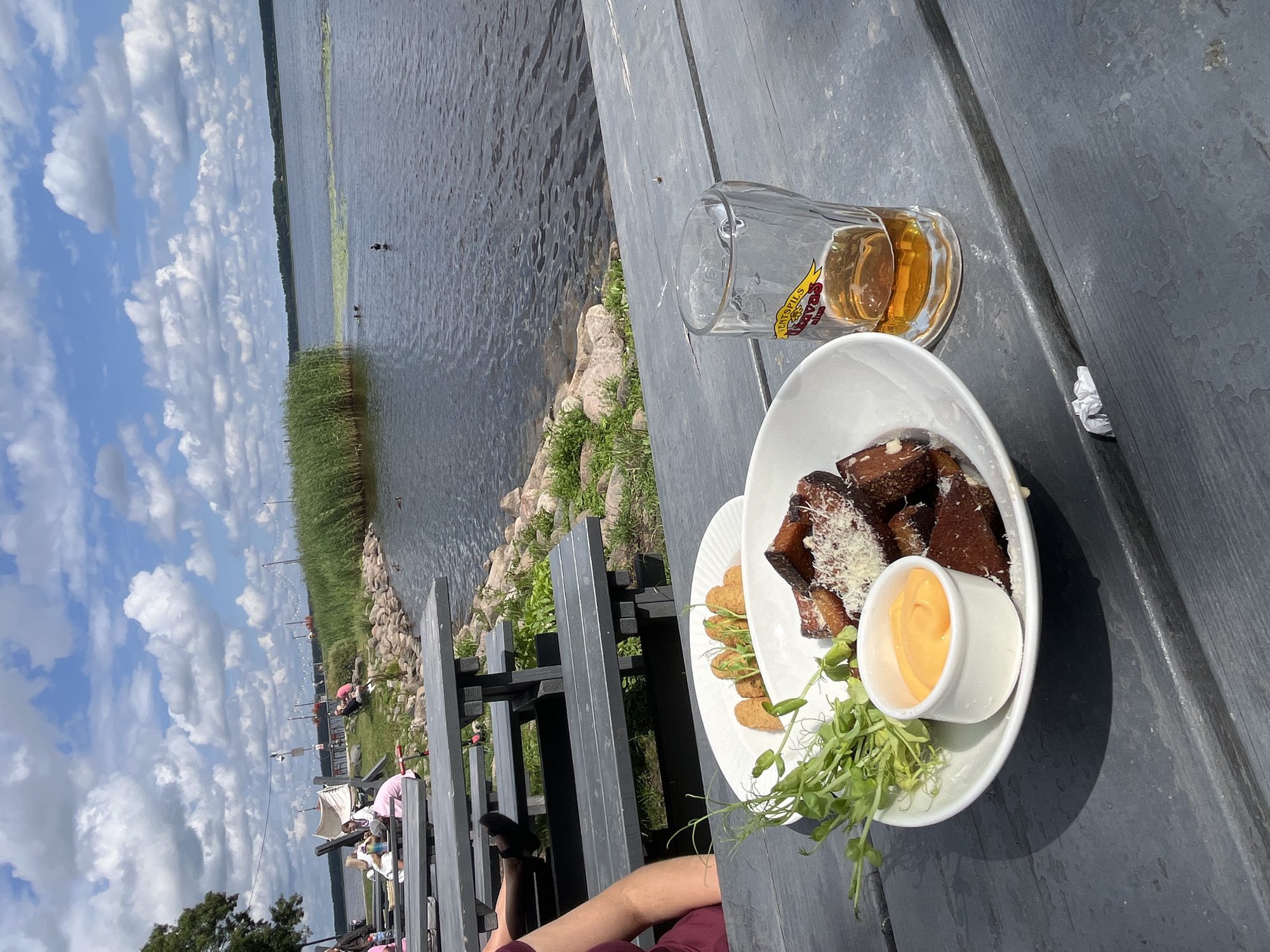 A close-up shot shows a table setting next to a body of water, likely a lake or river, under a partly cloudy sky. On the table, a white plate holds a portion of fried food, possibly potatoes or breadsticks, sprinkled with cheese and garnished with fresh green sprouts. A small white dish of orange sauce sits beside the fried food. Next to the plate, a partially filled glass of amber liquid, likely beer, rests on the table. In the background, people are seated at picnic tables and on lounge chairs on a grassy area bordering the water. The water itself appears calm with some reeds or tall grass growing along the bank. Several ducks are visible in the water. The overall atmosphere suggests an outdoor dining experience at a restaurant with a waterfront view. This setting is consistent with restaurants located along the Daugava River or on the shores of the lakes surrounding Riga, Latvia, which offer similar scenic outdoor dining opportunities.