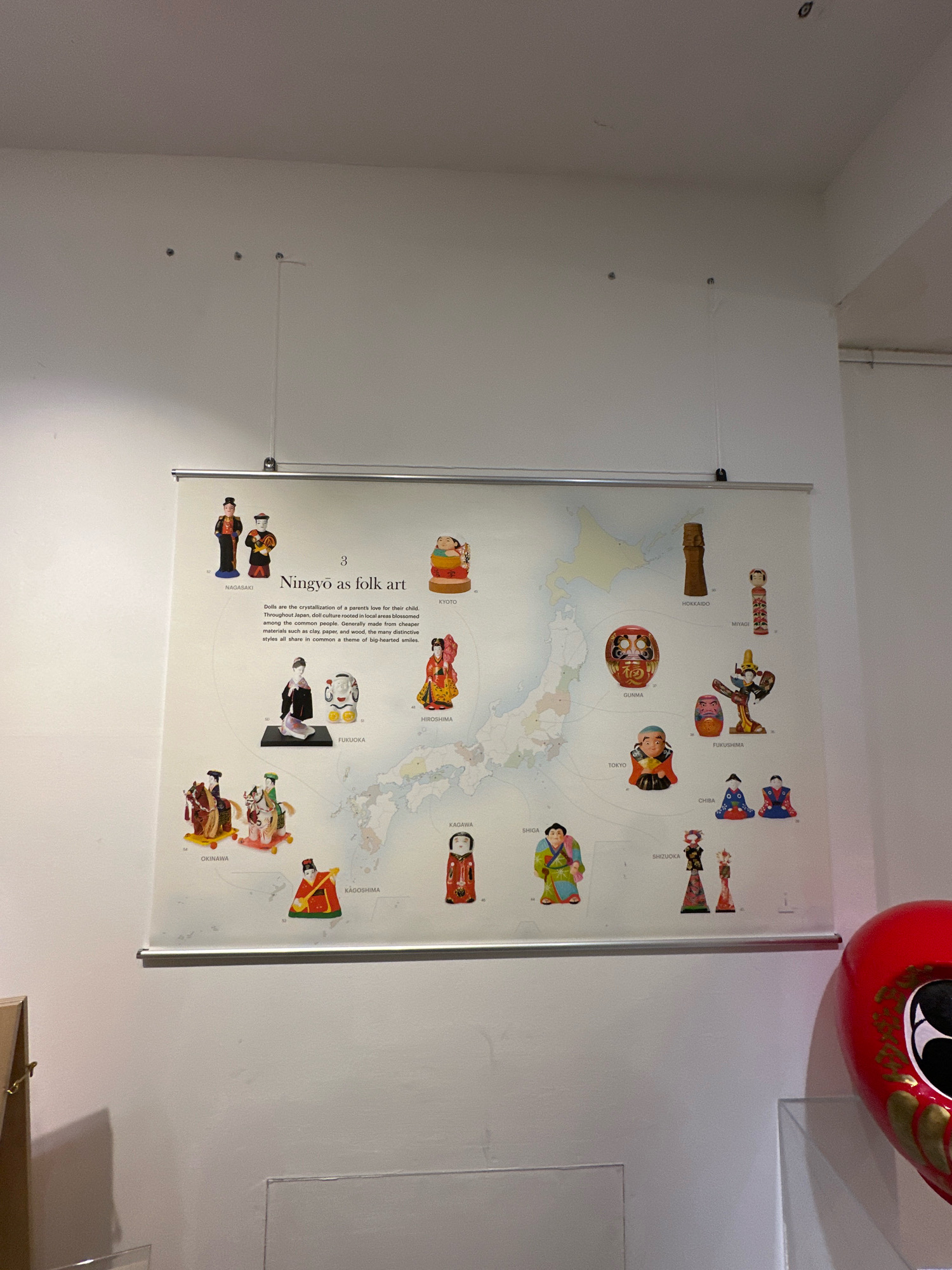 In an indoor exhibition space, likely a museum or gallery, a large, light-colored poster displaying a map of Japan with various traditional Japanese dolls (Ningyo) is prominently hung on a white wall. The poster is titled "Ningyo as folk art." Each doll is labeled with a number and the name of a Japanese prefecture. The dolls themselves are depicted in different styles and materials, representing various regions of Japan. Some of the visible prefectures and their corresponding dolls include Nagasaki, Kyoto, Hiroshima, Okinawa, Fukuoka, Gunma, Hokkaido, Miyagi, Fukushima, Tokyo, Chiba, Shizuoka, and Kagoshima. The poster is suspended from a silver metal rod attached to the wall. To the right of the poster, partially visible in the frame, is a large, red, round decorative object, possibly a Daruma doll, with black and gold facial features. The lighting in the space appears to be ambient, coming from overhead, creating soft shadows on the wall. The floor is not visible. The scene is devoid of any people. The location is identified as the Museum of Applied Art in Belgrade, Serbia, based on the context of its digital origin and the style of museum display.