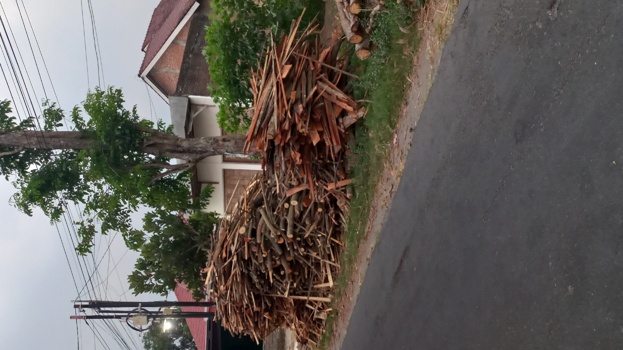 The image shows a large pile of chopped wood and branches on the side of a paved road. The wood is of various sizes and shapes, with some pieces appearing to be logs and others thinner branches. In the background, there is a house with a red tiled roof, a tree, and power lines. The sky is overcast. The scene is likely located in a rural or suburban area in Pare, Indonesia, given the typical housing and vegetation. There are no people visible in the image.