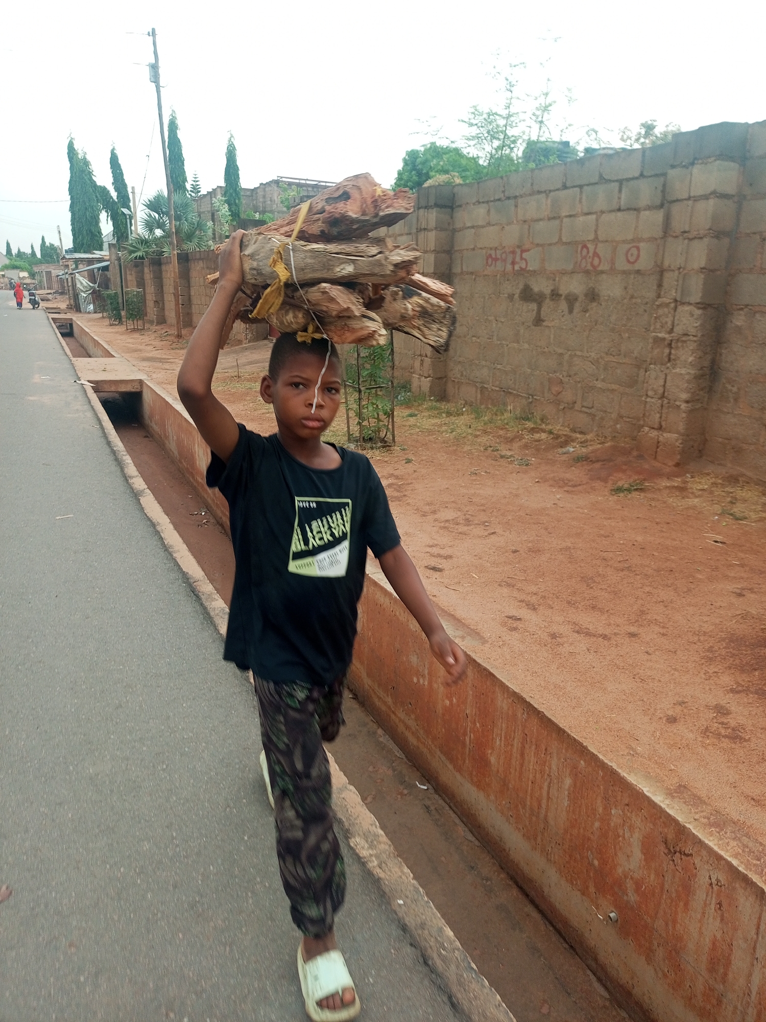 A young boy carries a bundle of firewood on his head while walking on a street in Tempure, Nigeria. He wears a black t-shirt, camouflage pants, and sandals. The street is paved, with a drainage ditch running alongside. Behind him is a brick wall with some graffiti on it. In the background are some trees and buildings.