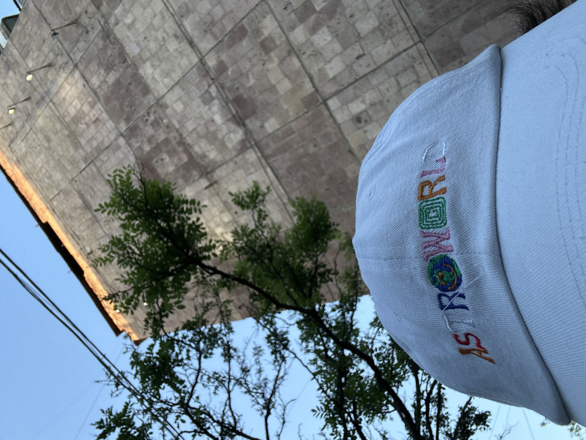 The image shows a low-angle perspective, predominantly featuring the bottom of a large, multi-story building with a textured, possibly concrete or brick exterior. The building is partially obscured by the foliage of a tree. In the foreground, a white baseball cap with the word "ASTROWORLD" embroidered in a vertical, multi-colored design. The sky is visible in the gaps between the tree branches, suggesting daytime. The location is Yerevan, Armenia.