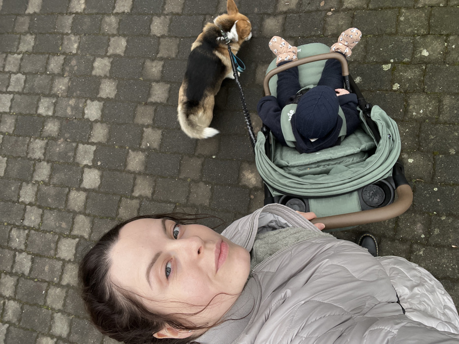 A woman is taking a selfie while walking a corgi and pushing a baby in a stroller on a paved walkway. The baby is wearing mittens and a hat. The stroller is a light green color. The woman is wearing a gray jacket. The corgi is on a leash. The walkway is made of rectangular pavers.