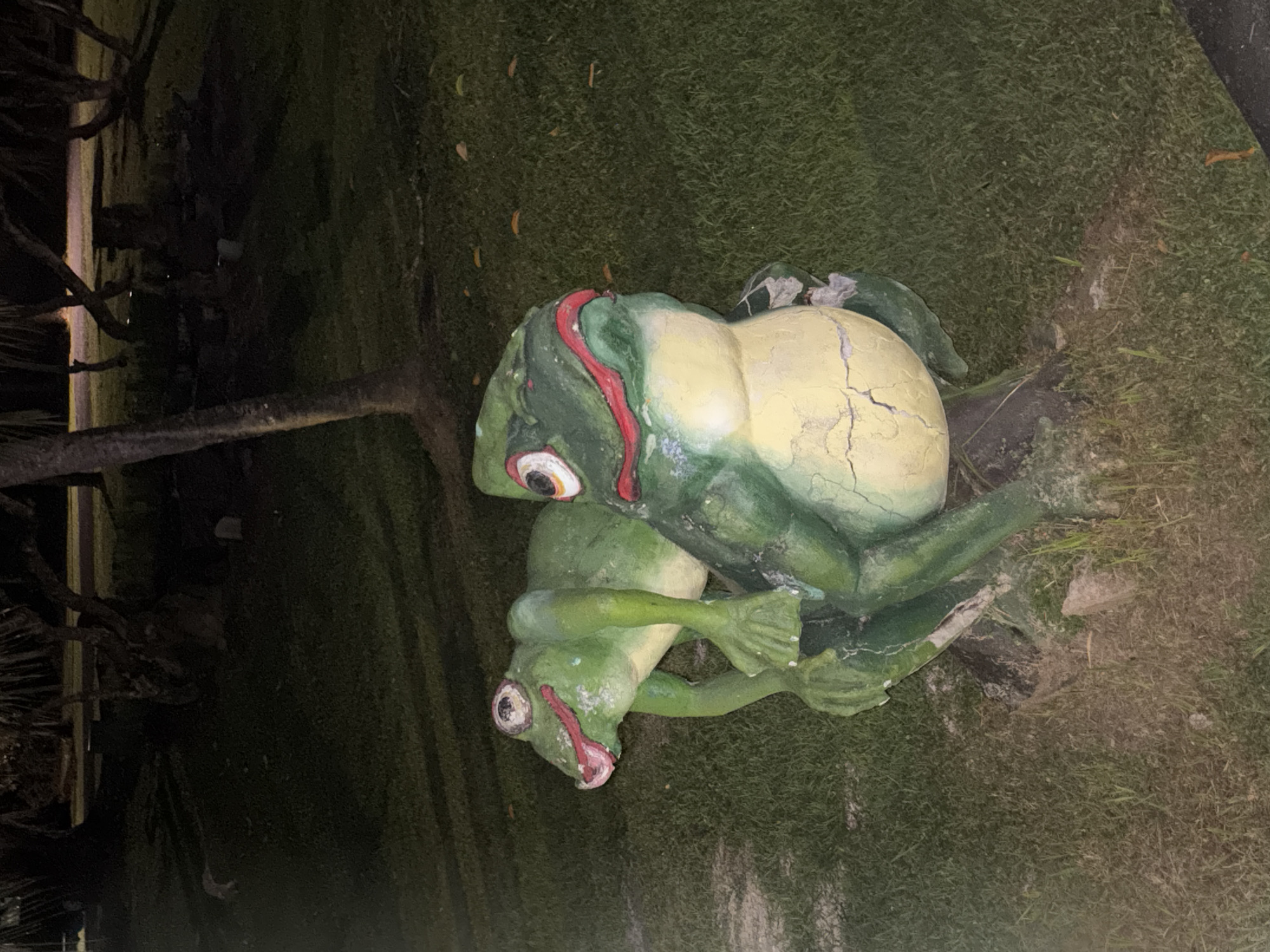 The image shows a statue of two frogs stacked on top of each other in a grassy area. The statues are green, yellow, and red, with visible cracks on the larger frog. The background is dark, with a tree visible on the left and grass covering the ground. The photo appears to have been taken at night, and the location is presumed to be in Kuta Selatan, Indonesia.