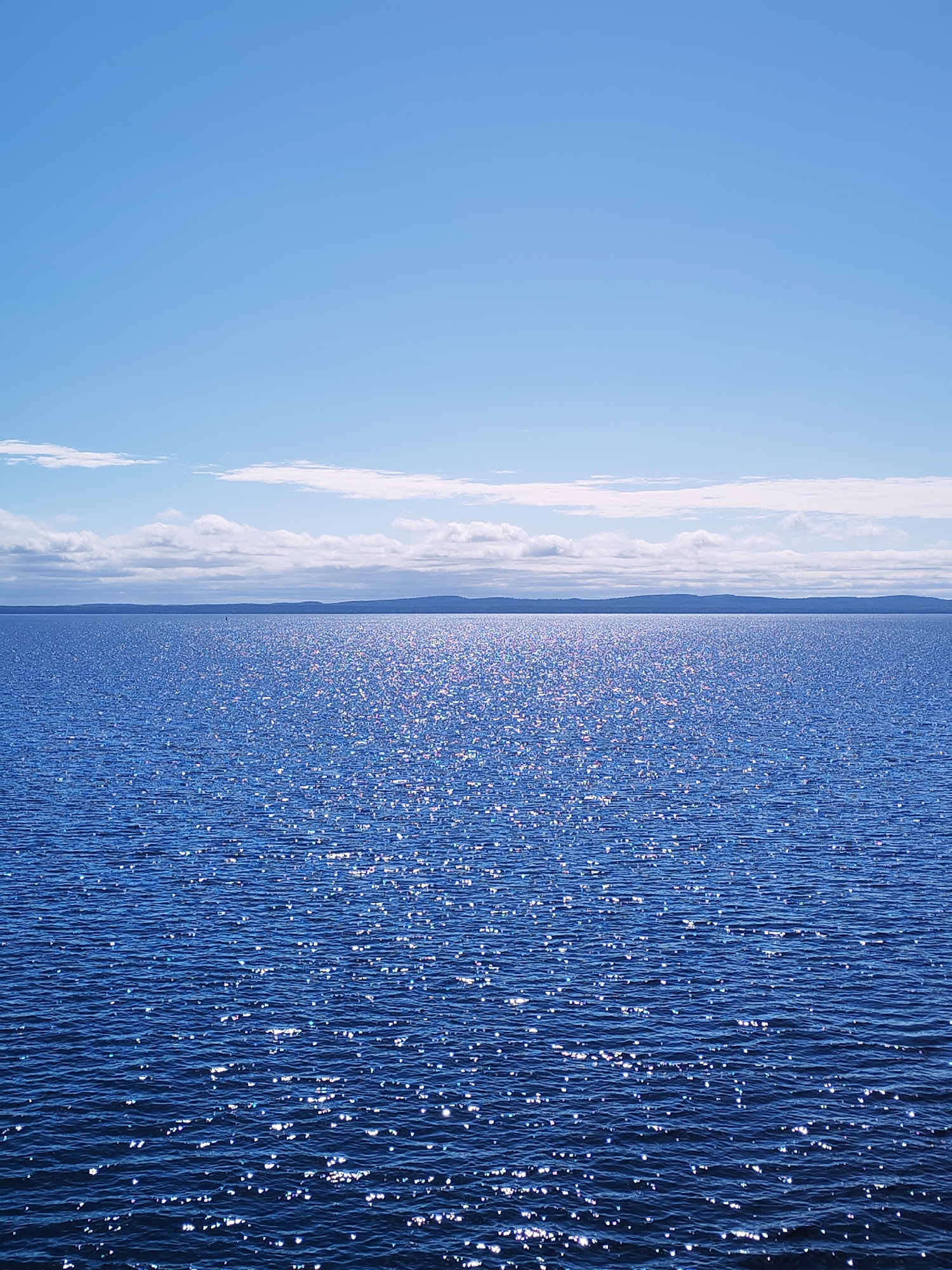 A vast and serene natural landscape is depicted, featuring an expansive body of water under a bright sky. The upper half of the image is dominated by a clear, light blue sky, with a horizontal band of scattered white cumulus clouds visible just above the distant horizon.
The lower half of the image showcases a large, deep blue body of water, likely a lake or sea. Its surface is covered with numerous small ripples, and countless points of sunlight are reflected off the water, creating a dazzling, shimmering effect that extends across the entire water surface, becoming more prominent towards the foreground.
A long, low-lying strip of dark landforms, appearing as distant hills or mountains, stretches across the horizon, separating the shimmering water from the cloudy sky. The scene suggests a clear, sunny daytime. There are no visible people, identifiable objects of human origin, or any discernible text in the image. The overall atmosphere is one of calm and natural beauty.