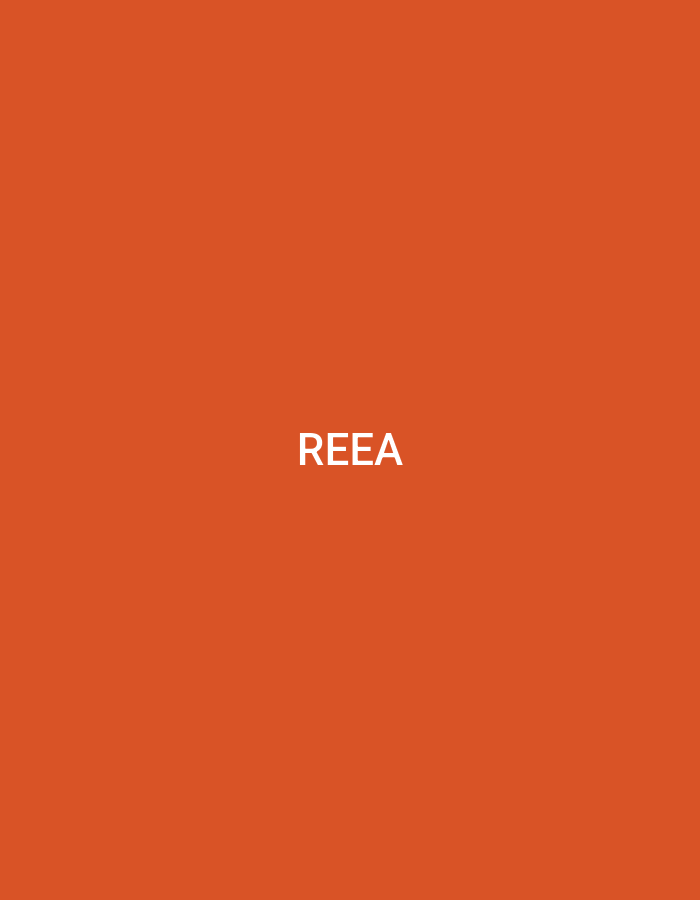 A digital graphic presents a uniform, solid orange background. The white, capitalized text "REEA" is precisely centered within the frame. No individuals, additional objects, specific actions, or environmental details are visually depicted. This abstract graphic is contextually located in Casablanca, Morocco.
