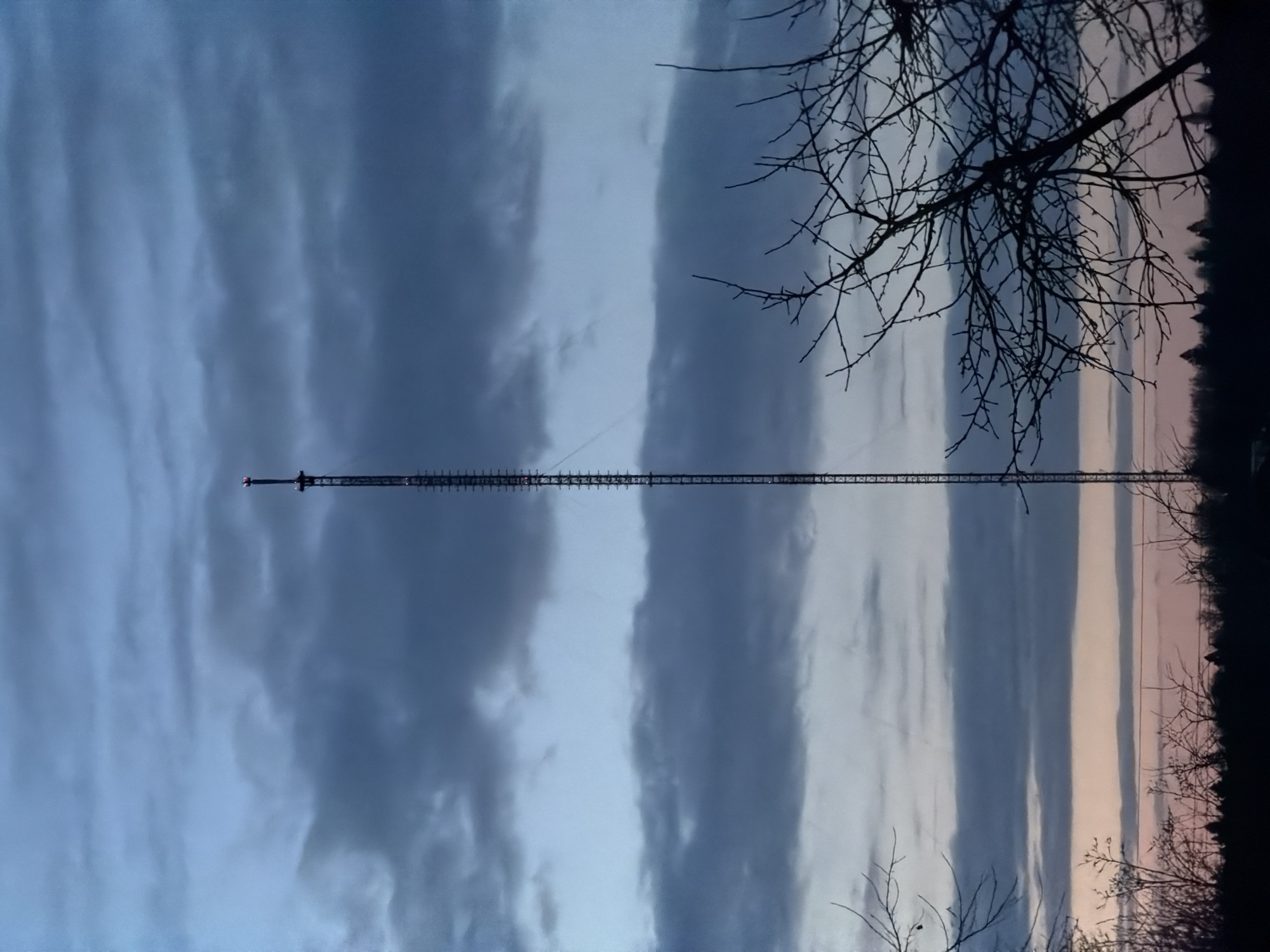 The image depicts a tall radio communication tower extending vertically across the frame. The tower is constructed with a lattice structure. Bare tree branches are visible in the upper right corner of the image, and a treeline is visible in the lower right corner. The background consists of a cloudy sky with stripes of light gray and dark blue clouds. The location is Malinovo, Russia. There are no people visible in the image.