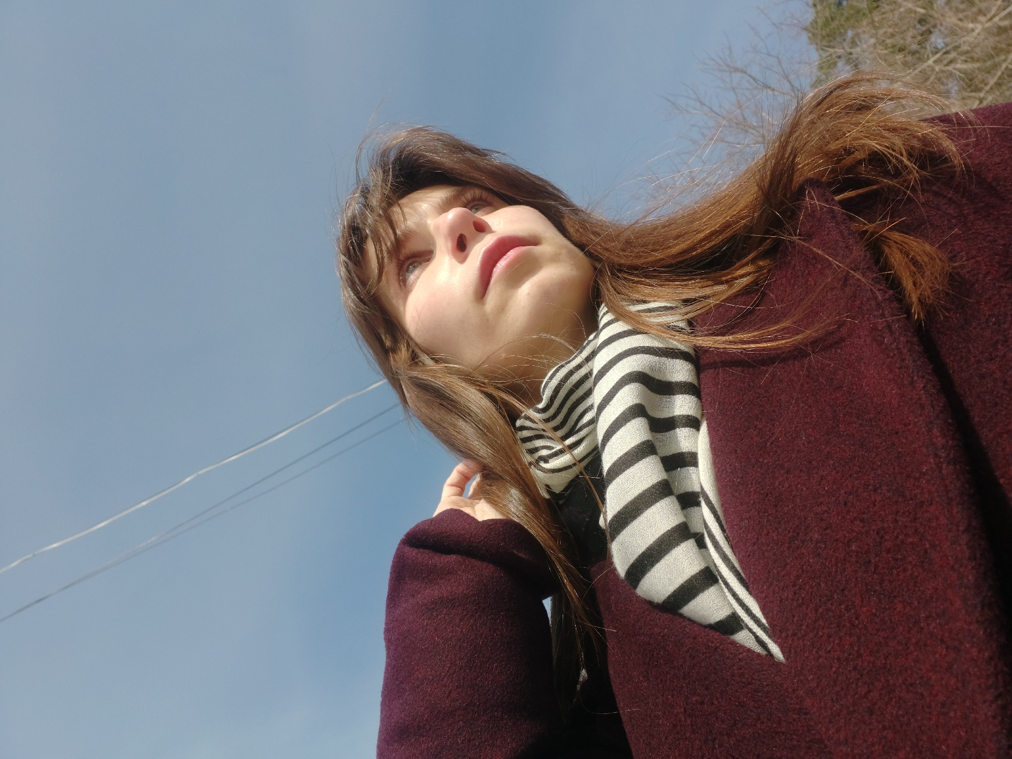 A low-angle, slightly distorted shot of a young woman with light skin and brown hair, possibly in her late teens or early twenties. She is looking upwards and slightly to the left. She wears a dark maroon coat and a black and white striped scarf. Her right hand is raised near her head, possibly adjusting her hair.
The background is a pale blue sky, with some bare tree branches visible in the upper right corner, as well as telephone or power lines on the left side.
There is no specific information in the image itself that indicates the location is Chaikovsky, Russia. It could be any location with a similar climate and landscape.