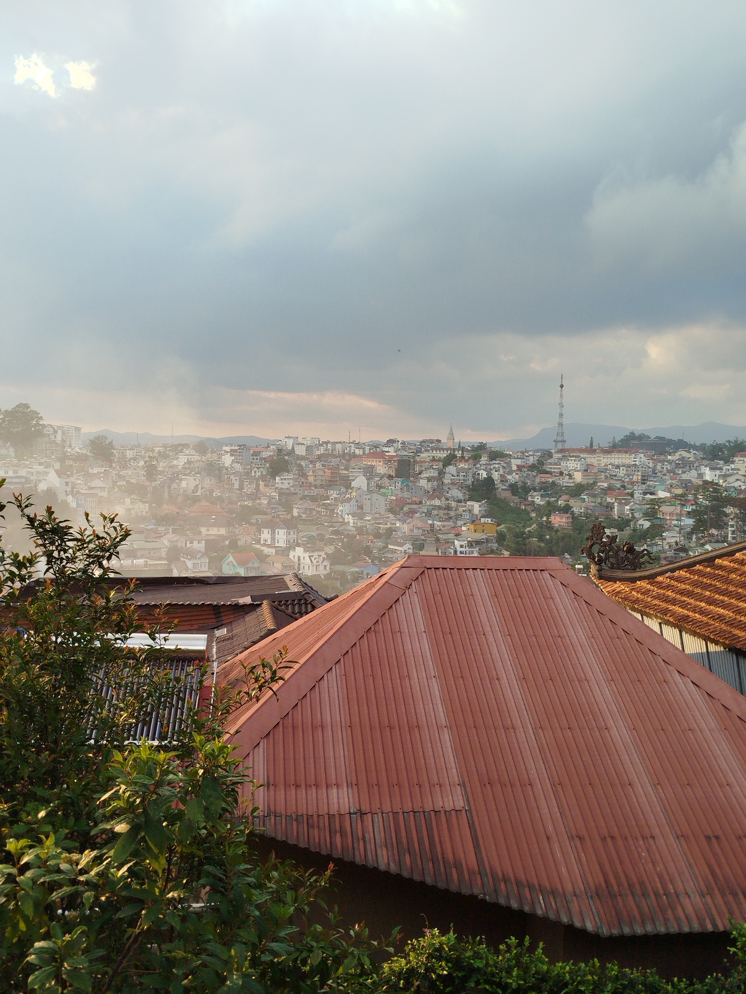 The image captures a panoramic view of Da Lat, Vietnam, shrouded in a misty atmosphere under a sky filled with overcast clouds. The scene is dominated by the urban sprawl of the city, composed of numerous buildings and structures, with a tall communication tower rising in the distance. Several red-tiled rooftops of foreground buildings are in view, adding a sense of depth and layering to the composition. Bushes with green foliage are visible in the lower left and right corners.