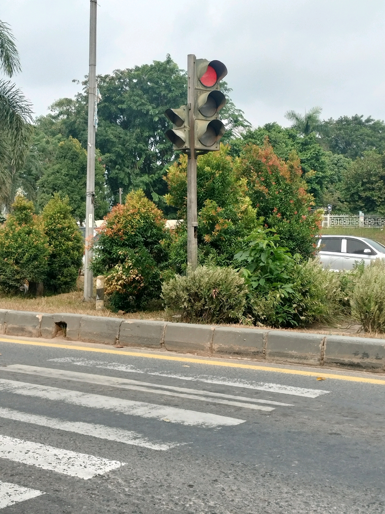 A traffic light with a red light illuminated is visible at the top of the image, to the left of center. The traffic light is mounted on a pole, which also has some peeling white material attached to it. In the background, there are several green trees and a cloudy sky. To the right of the traffic light, a silver car is parked. In the foreground, there is a crosswalk painted on the asphalt road. The crosswalk is bordered by a concrete curb. The scene appears to be located in Batam, Indonesia, near a street with vegetation.