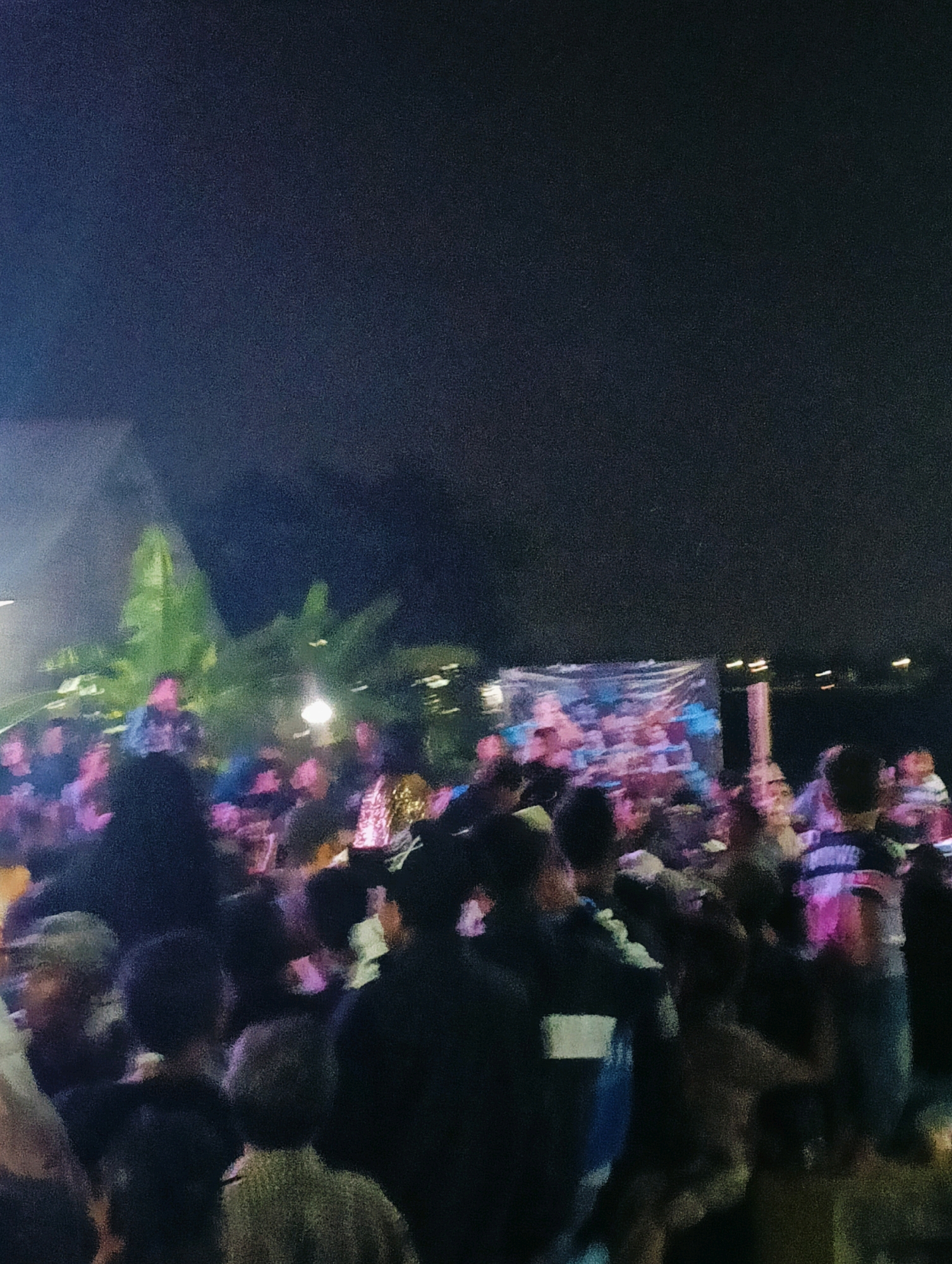 The image depicts a nighttime gathering of people in Gedongombo, Indonesia. The crowd is dense, with many individuals visible, some with heads and shoulders illuminated by colorful stage lights. In the background, a large banner or screen is present, displaying what appears to be a vibrant, abstract image, possibly related to a performance or event. Lush green foliage, likely trees, is visible to the left, illuminated by artificial lights, suggesting an outdoor setting. The overall atmosphere appears to be festive and energetic, with a concert or public celebration likely taking place.