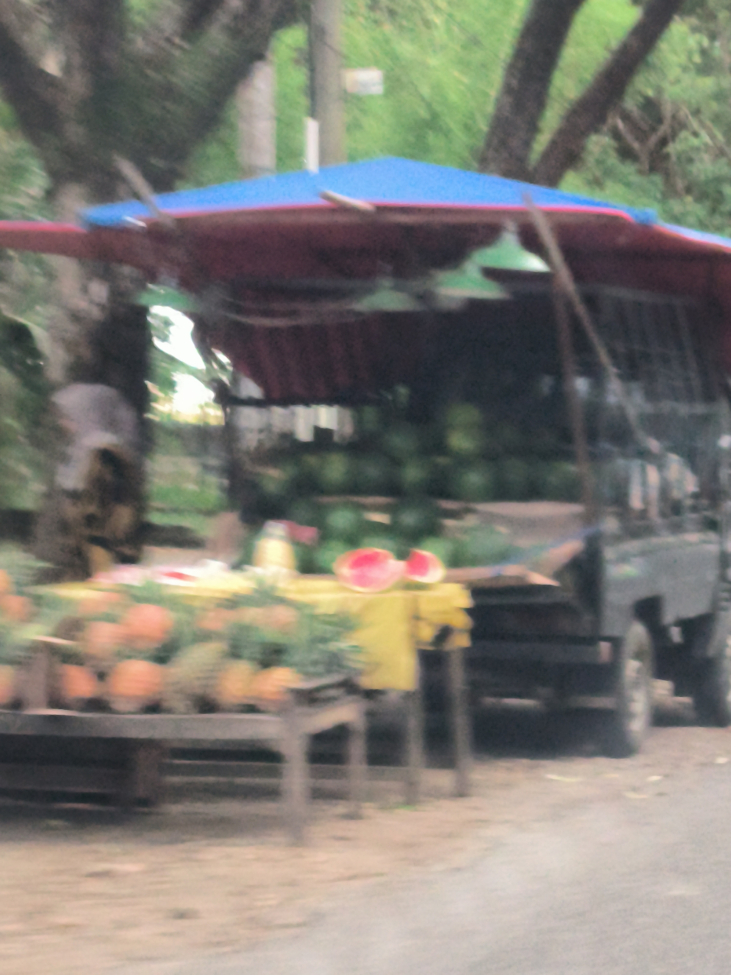 The image shows a blurry outdoor scene, likely a roadside fruit stand. A multi-colored tarp, red and blue, is stretched over a structure, possibly a vehicle or stall, that is partially visible. Various fruits, including what appear to be watermelons, are displayed on a table in the foreground, some of which have been cut open. In the background, there are trees and greenery. A truck or vehicle is parked behind the fruit stand. The overall impression is one of a temporary market setting. There are no discernible people or specific actions taking place. The location in Lhokseumawe, Indonesia is not visually evident from the image itself.