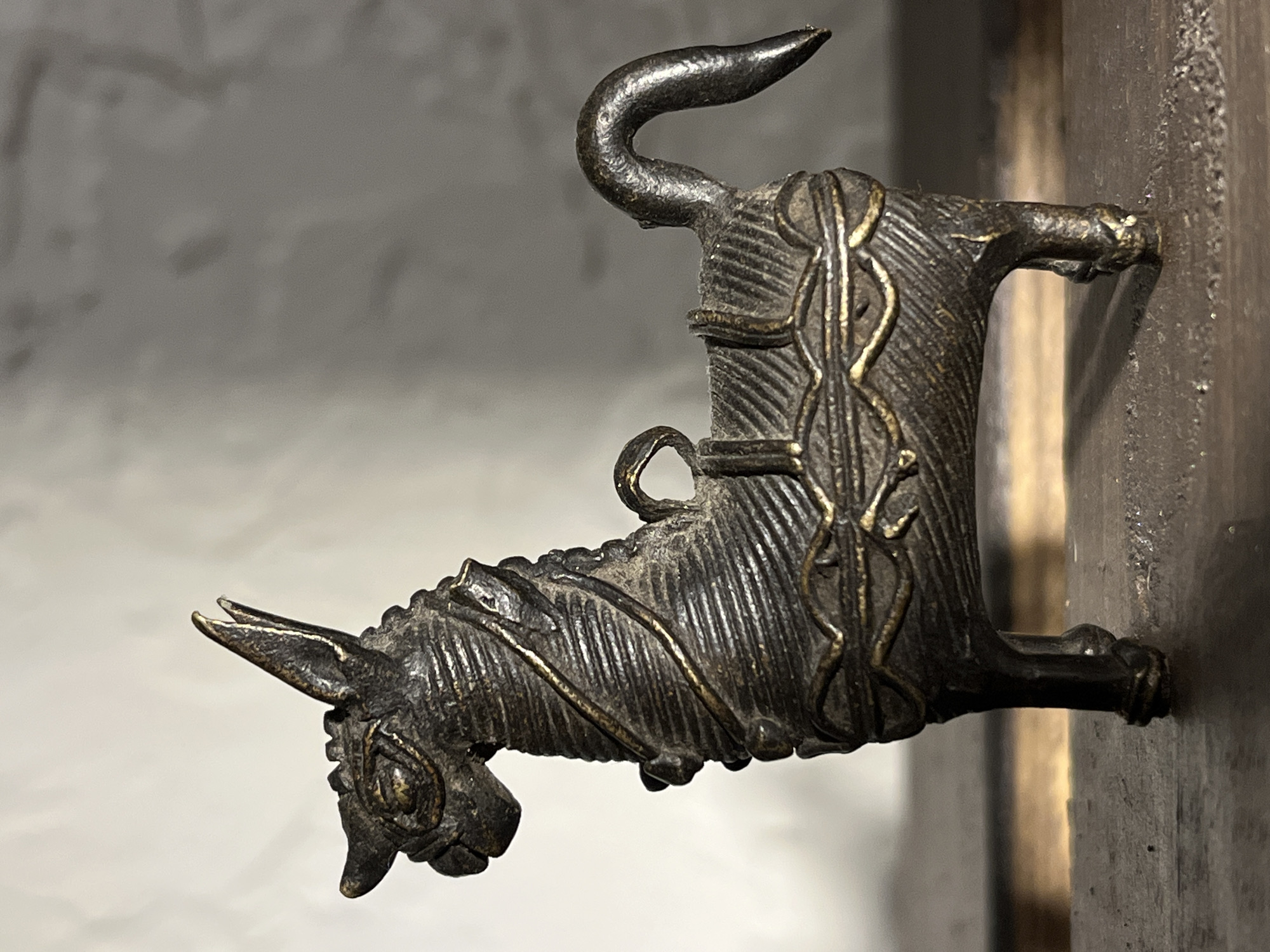 A bronze, possibly medieval, sculpture of a stylized quadruped, possibly a donkey or horse, is affixed to a wooden surface. The sculpture is dark in color and features a curved tail pointing upwards, a decorative pattern of raised lines on its body, and two small horns or ears on its head. The sculpture is attached to a wooden surface that appears to be part of a door or panel. The background is out of focus, showing a wall or other surface with a mottled texture. The location is unknown, as is the city.