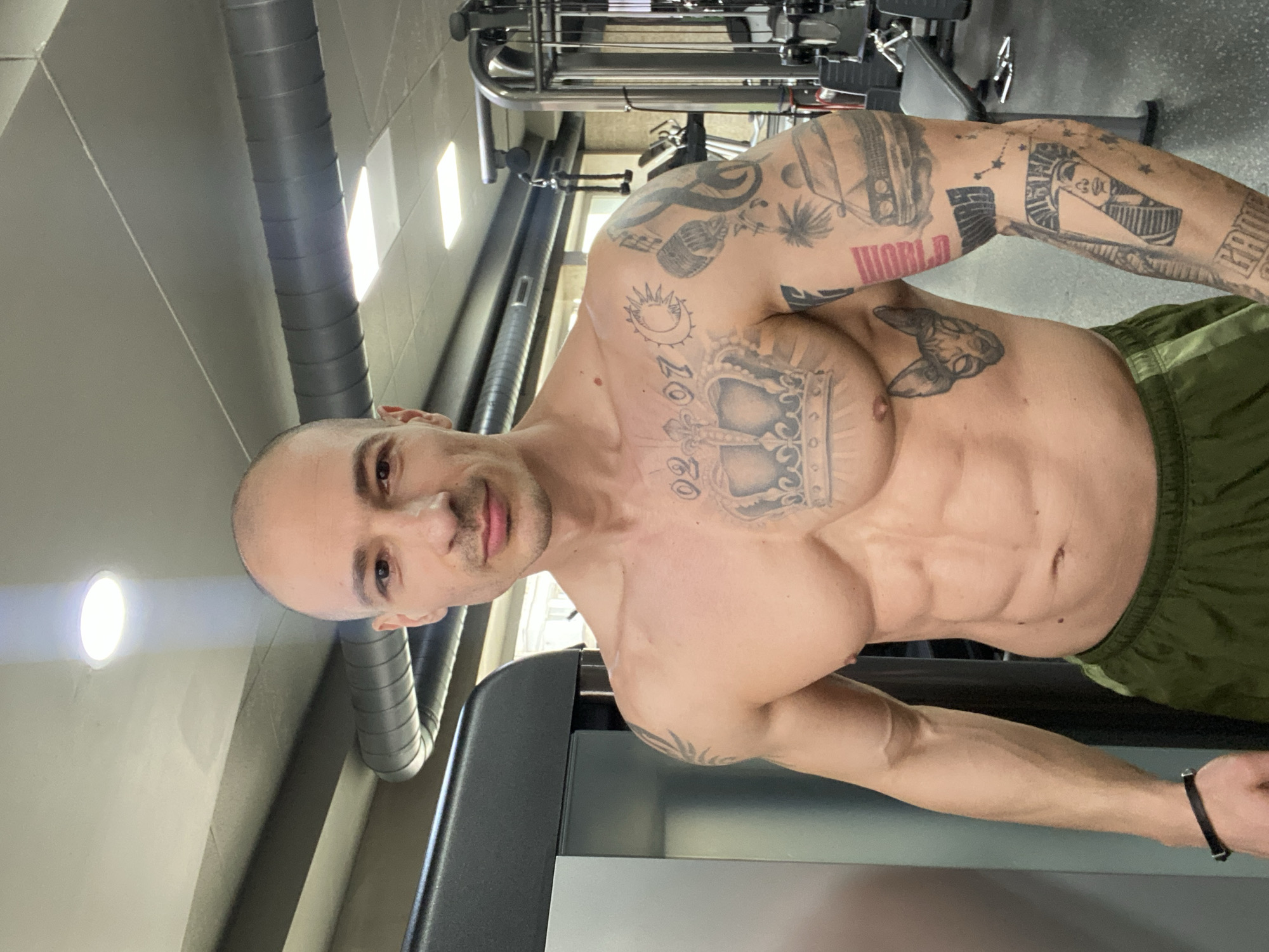 A male subject is depicted shirtless and waist-up in an indoor gym setting, located in Pleven, Bulgaria. The subject is bald, has light skin, and features a light mustache and stubble. He exhibits a muscular physique with visible abdominal and pectoral muscles. He wears olive green athletic shorts and a black bracelet on his left wrist. The subject is extensively tattooed: a large crown is centered on his upper chest, with "02 07" tattooed above it, and a Sphynx cat head tattoo is on his lower left rib cage. His right arm is covered with tattoos including a sun/moon crescent, a microphone, musical notes, a palm tree with a car, "WORLD" in red text, constellations, and an Egyptian pharaoh bust. A tribal-style tattoo is visible on his left shoulder. He faces forward, looking directly at the camera with a neutral expression. The background reveals various gym equipment, including a dark gray and silver machine to the subject's left, and a multi-station cable machine and a black utility bench to his right. The ceiling is light gray, featuring recessed circular and rectangular LED lights, and exposed gray ventilation ducts run horizontally across.