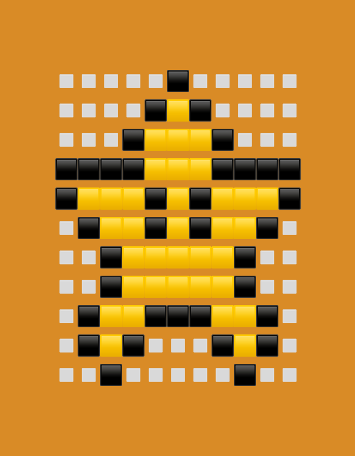 The image displays a stylized, pixel-art representation of an insect, most closely resembling a bee or wasp, set against a plain, solid orange background. The insect figure is constructed from an arrangement of square blocks within a visible grid.
The figure is primarily composed of bright yellow and black square blocks. The yellow blocks have a glossy, almost reflective appearance, while the black blocks are a matte dark. Around the central insect shape, some light gray or white square blocks are scattered, indicating an underlying grid structure or empty spaces.
The insect's body is designed with distinct horizontal stripes. A single black square forms the head at the top center. Below this, the body widens, featuring alternating bands of yellow and black squares that create the characteristic striped pattern of a bee or wasp. For example, a solid black row appears after the head, followed by a wide yellow section, then a row with black squares interspersing yellow ones, continuing downwards to form the segmented body. The overall shape is symmetrical and upright.
There are no people, explicit activities, or events depicted. The image is a static graphic representation. No specific time of day, weather, or location cues are visible within the artwork itself, nor are any emotions conveyed. There is no visible text.