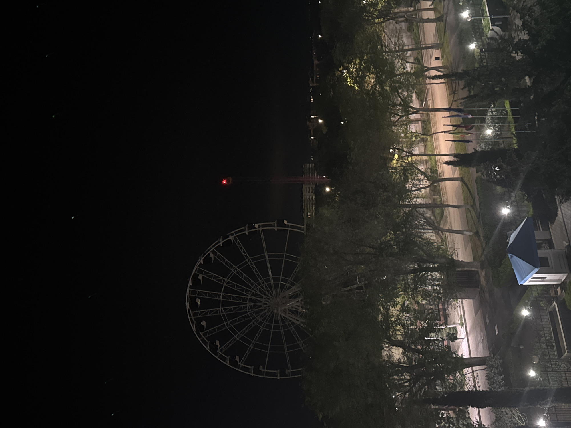 At night, a Ferris wheel dominates the frame in Yevpatoriya, Ukraine. A red-lit tower rises in the distance. A row of flagpoles stands along a tree-lined walkway lit by street lamps. The sky is dark, and building structures, including a white building with a blue awning, can be seen in the background.