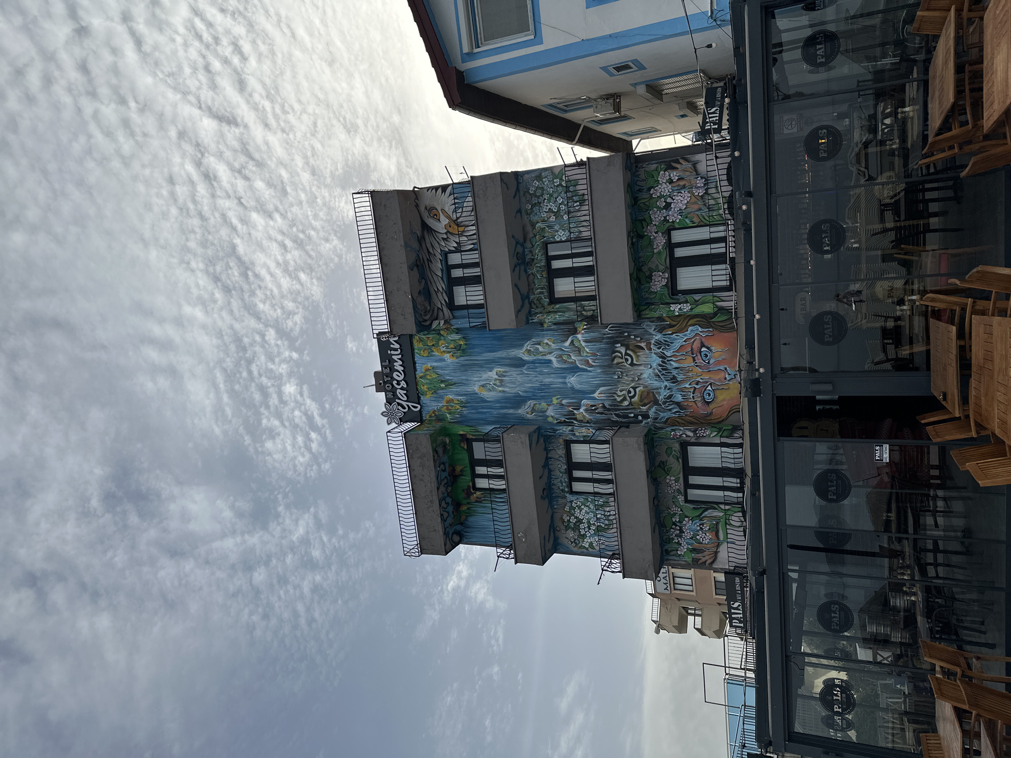 The image shows the Hotel Yasemin, located in Fethiye, Turkey, standing perpendicular to the viewer, painted with a mural depicting an eagle and what appears to be a watery landscape on the building's side. The building has several balconies with black metal railings. Next to the hotel is a building with a restaurant or bar called "PALS", identified by logos and signs on its glass windows. Tables and chairs, mostly empty, can be seen both inside and outside the "PALS" establishment. The sky above is covered with thin, wispy clouds. Another building is partially visible behind the hotel. The photograph is taken from a lower angle, looking up at the buildings and the sky.