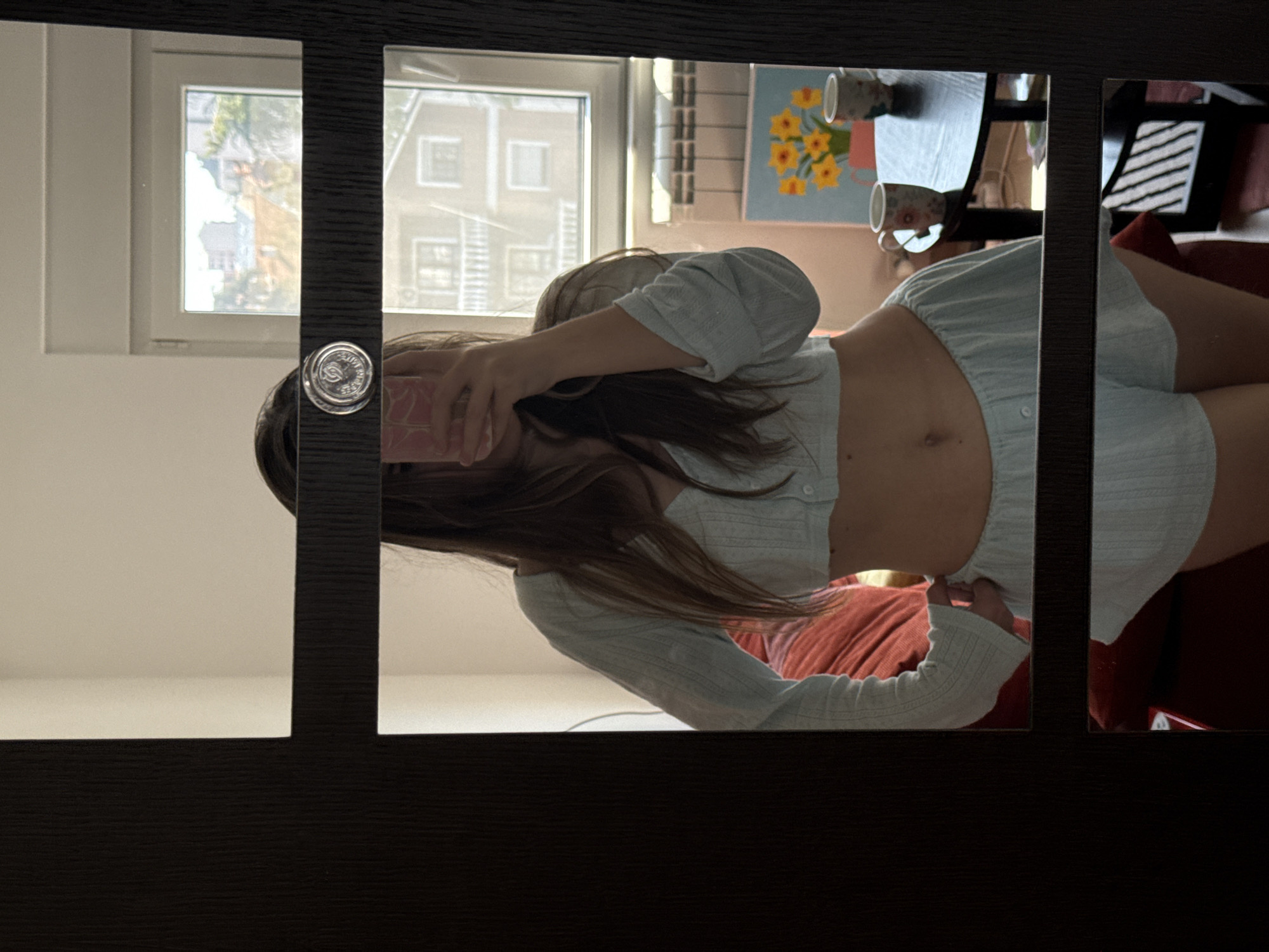 A reflection in a triple-panel mirror shows a person taking a selfie. The person is wearing a light blue, possibly textured, short-sleeved, midriff-baring top and matching shorts. Their brown hair is long and straight. The person's face is partially obscured by a cell phone they are holding.
The reflection also shows a window with a view of a building across the street. Another panel in the reflection shows a painting of sunflowers, mugs, and a table with chairs. A part of the red couch can be seen.
There is no evidence to confirm that this image was taken in the city of Vozdovac Urban Municipality, Serbia.