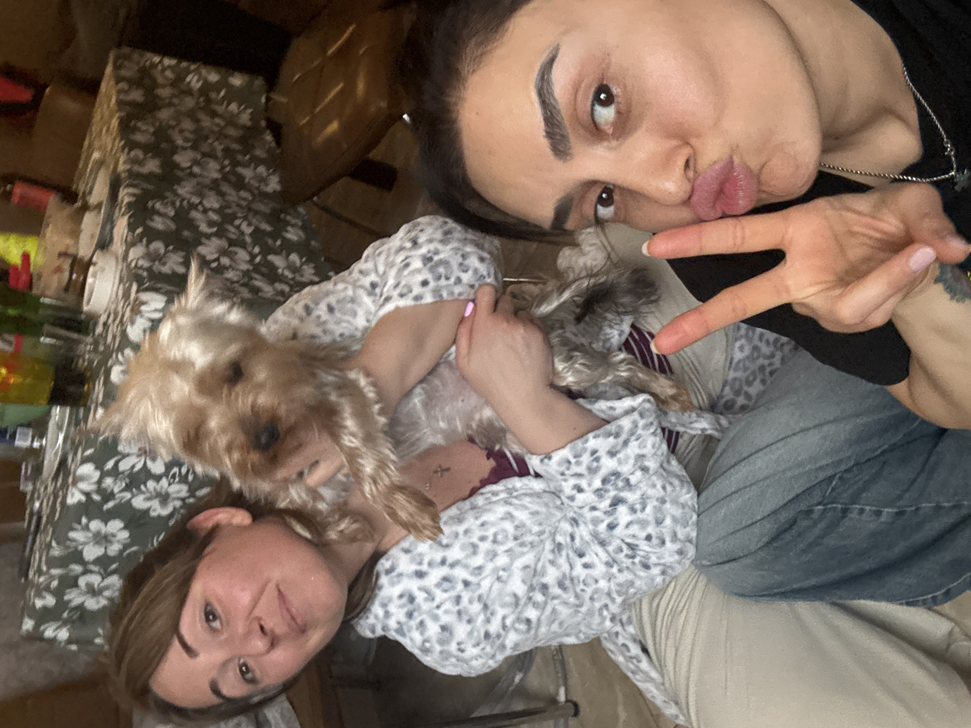 The image appears to be a selfie taken indoors, likely in a home, featuring two women and a dog. One woman, with light brown hair, is wearing a white and grey patterned blouse, and she's holding the dog. The dog appears to be a Yorkie. The second woman, with dark hair, is positioned in the upper right corner of the frame, making a peace sign and pursing her lips as if kissing. She's wearing a dark top and jeans. The background includes a floral tablecloth on a table, a wooden chair, and other interior furnishings. The location in the city of Tbilisi, Georgia cannot be identified from this image.