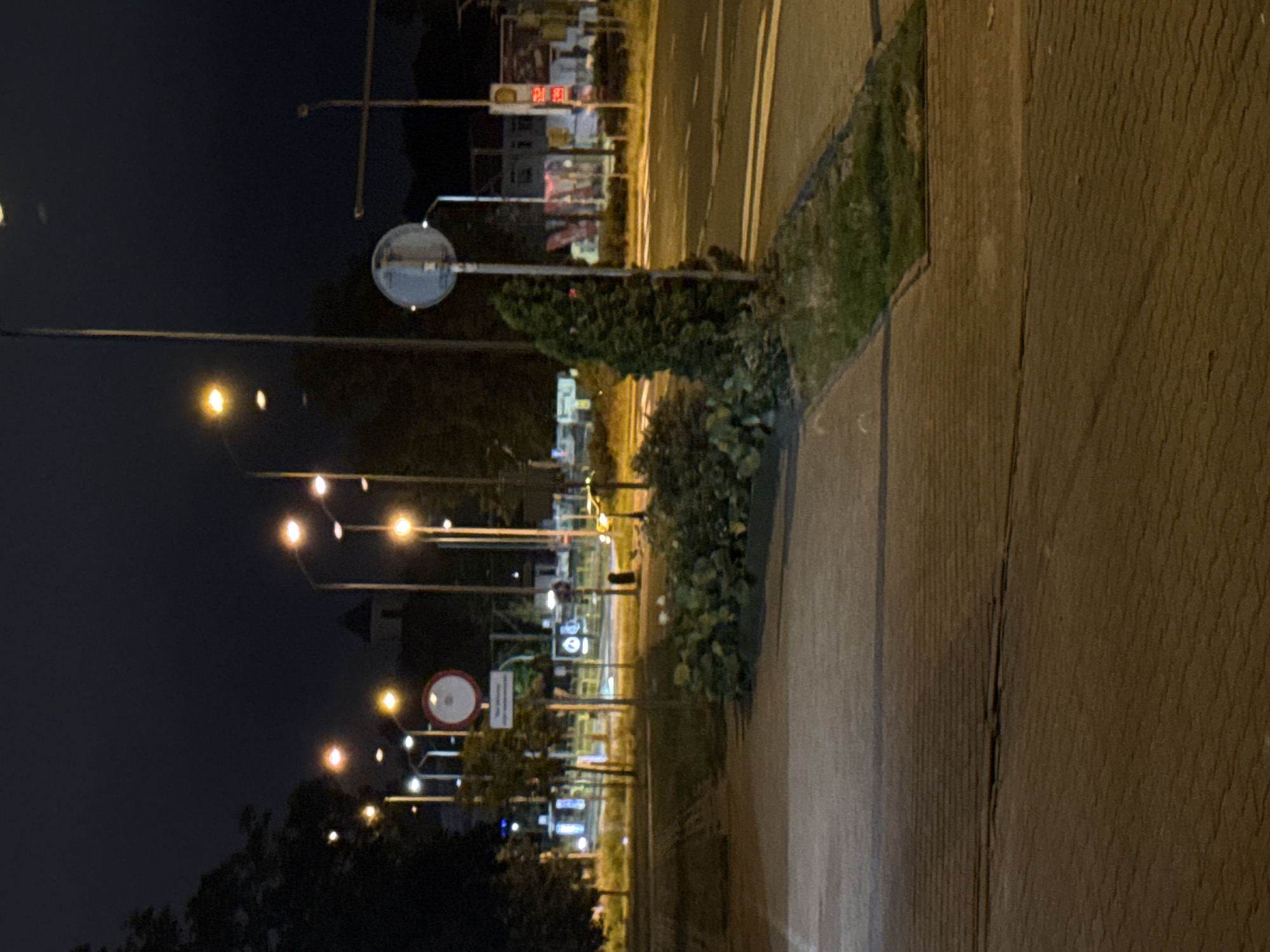 The image depicts an outdoor scene at night in an urban environment, likely in Szczecin, Poland, given the presence of Polish signage. The foreground features a paved pedestrian walkway made of brick pavers. Adjacent to the walkway is a strip of grass and then a paved road. Several streetlights illuminate the scene, casting a warm glow.
In the middle ground, there are various signs and street furniture. A prominent circular traffic sign with a white background and a red border is visible, along with a smaller rectangular sign below it. A tall, slender evergreen tree stands to the right of these signs, and further to the right, a street pole with a circular blue and white sign is present. Beyond this, a road with lane markings is visible, indicating a street or intersection.
The background shows more streetlights, trees, and buildings, some of which are illuminated from within. The overall impression is of a quiet street corner or park area at night, with artificial lighting providing visibility. No people or vehicles are clearly visible in the frame. The sky is dark, indicating it is well past sunset.
