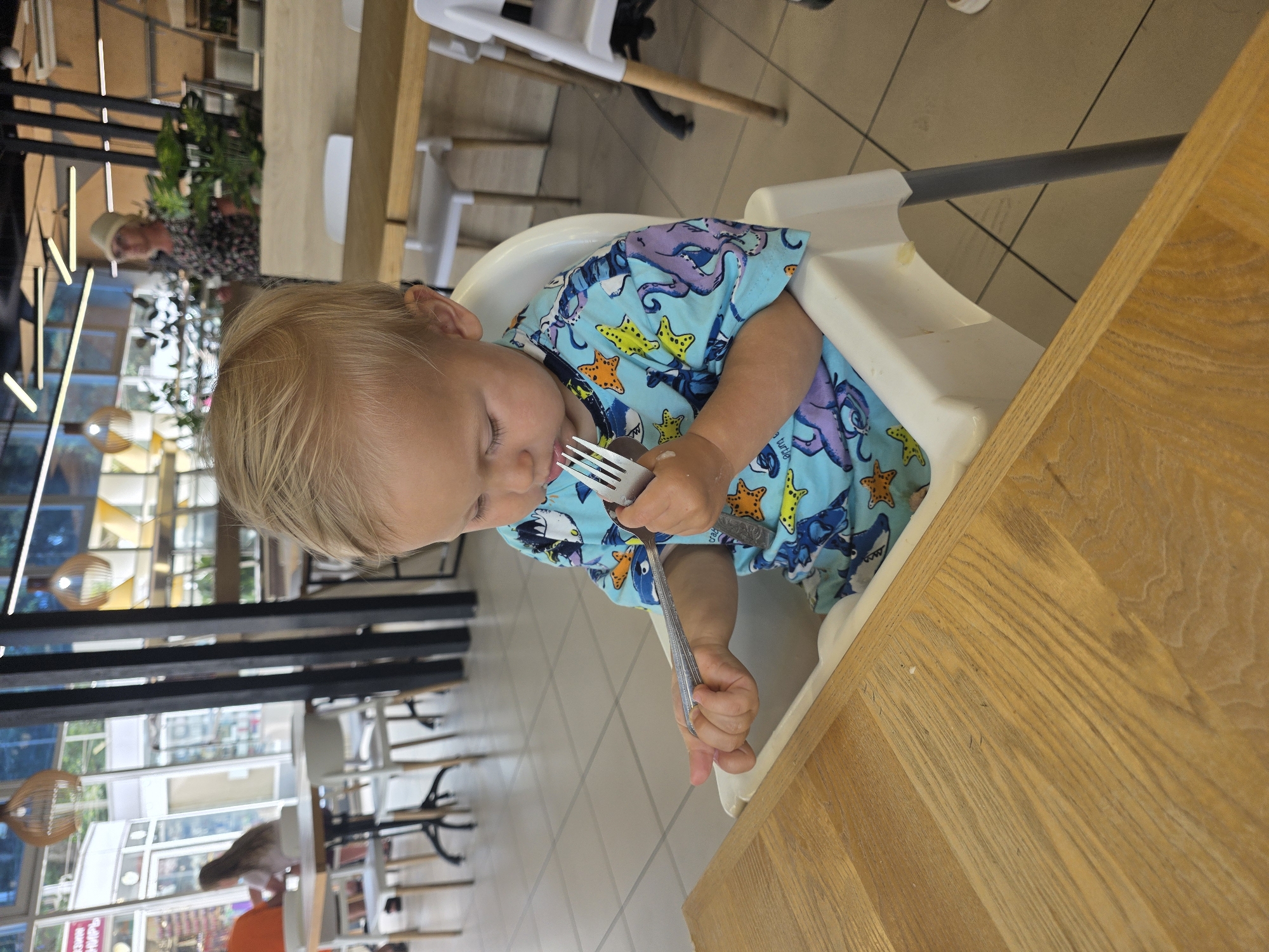 The image shows a toddler sitting in a high chair at a wooden table, holding a fork and spoon. The toddler is wearing a light blue t-shirt with an underwater theme print. The background suggests an indoor dining area with other tables and chairs, as well as large windows looking out onto a street scene. A woman is visible in the background, wearing a hat and a floral dress. The overall setting appears to be a cafe or restaurant. The image does not contain any specific visual cues that would allow for pinpointing the location as Sochi, Russia.