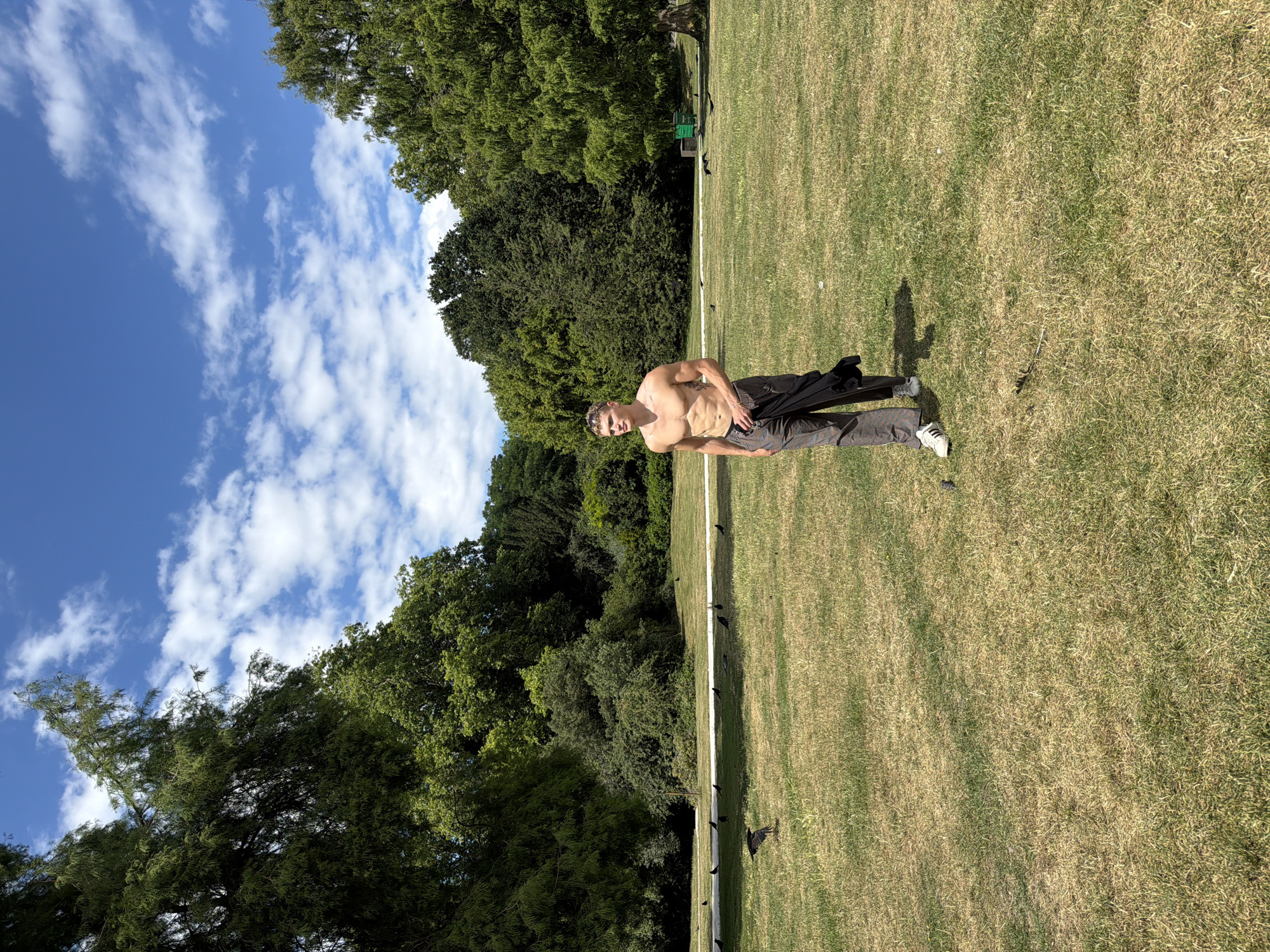 A shirtless man with tan skin and short blonde hair walks across a grassy field on a sunny day. He is wearing grey pants and white sneakers and carrying a black shirt over his left shoulder. The field is dotted with several black birds and a white path runs horizontally through the middle ground. In the background, lush green trees and a bright blue sky with scattered white clouds form a natural backdrop. The scene appears to be set in a park, possibly Hyde Park in London, United Kingdom.