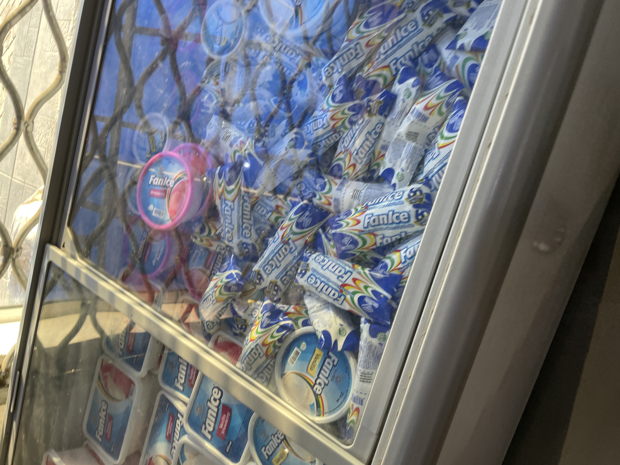 Here is a description of the image:
The image shows a freezer display case filled with FanIce brand ice cream products. There are tubs of ice cream and ice cream bars. The background through the glass is somewhat blurry but suggests an outdoor setting, potentially a building exterior. The freezer's metal frame is visible along the right edge of the picture.