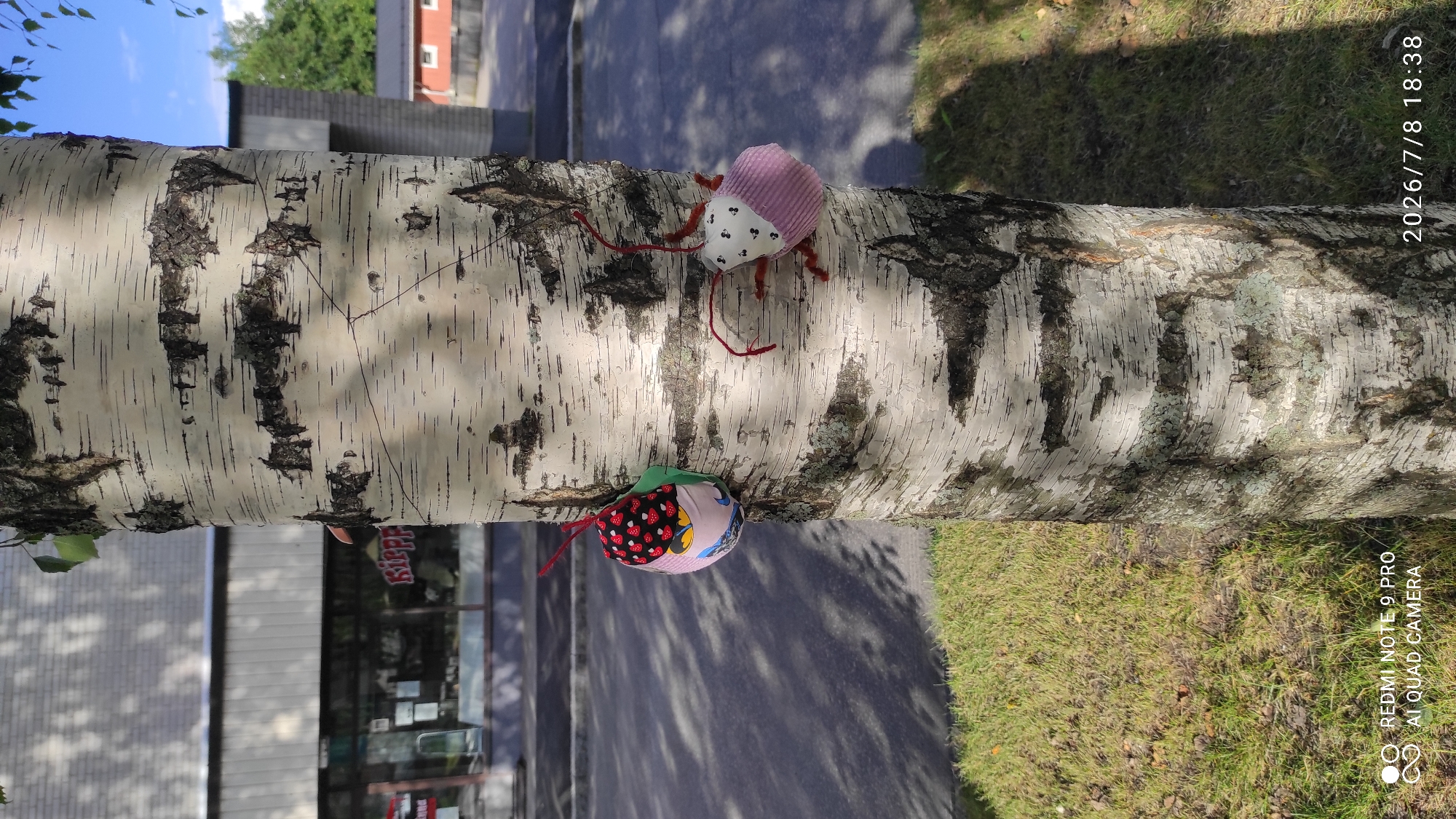 The image shows a close-up of a birch tree trunk with two handmade, bug-like toys attached to it. The toys are fabric creations with colorful patterns and thread antennae and legs. One toy, closer to the top of the frame, is primarily pink with white polka dots and brown thread legs. The other toy, lower in the frame, features a pattern of strawberries and yellow and black circles, also with red thread legs and antennae. The toys appear to be suspended by red threads.
The tree trunk itself is textured with the characteristic white bark and dark vertical markings of a birch tree. Sunlight casts shadows from the leaves and branches onto the bark, creating a dappled effect. The background is out of focus but suggests an outdoor setting. To the left, a building with glass windows and signage is partially visible, hinting at a commercial area. To the right, a grassy area and a paved surface are discernible.
The time stamp in the bottom right corner indicates the photo was taken on July 8, 2026, at 18:38, suggesting it was late afternoon. The lighting and clear shadows suggest fair weather. The presence of the toys on the tree implies a playful or decorative act, perhaps by a child or an artist. The overall mood is whimsical and lighthearted. Visible text includes "REDMI NOTE 9 PRO AI QUAD CAMERA" which is likely a watermark from the phone used to take the picture. The location context is Iisalmi, Finland.
