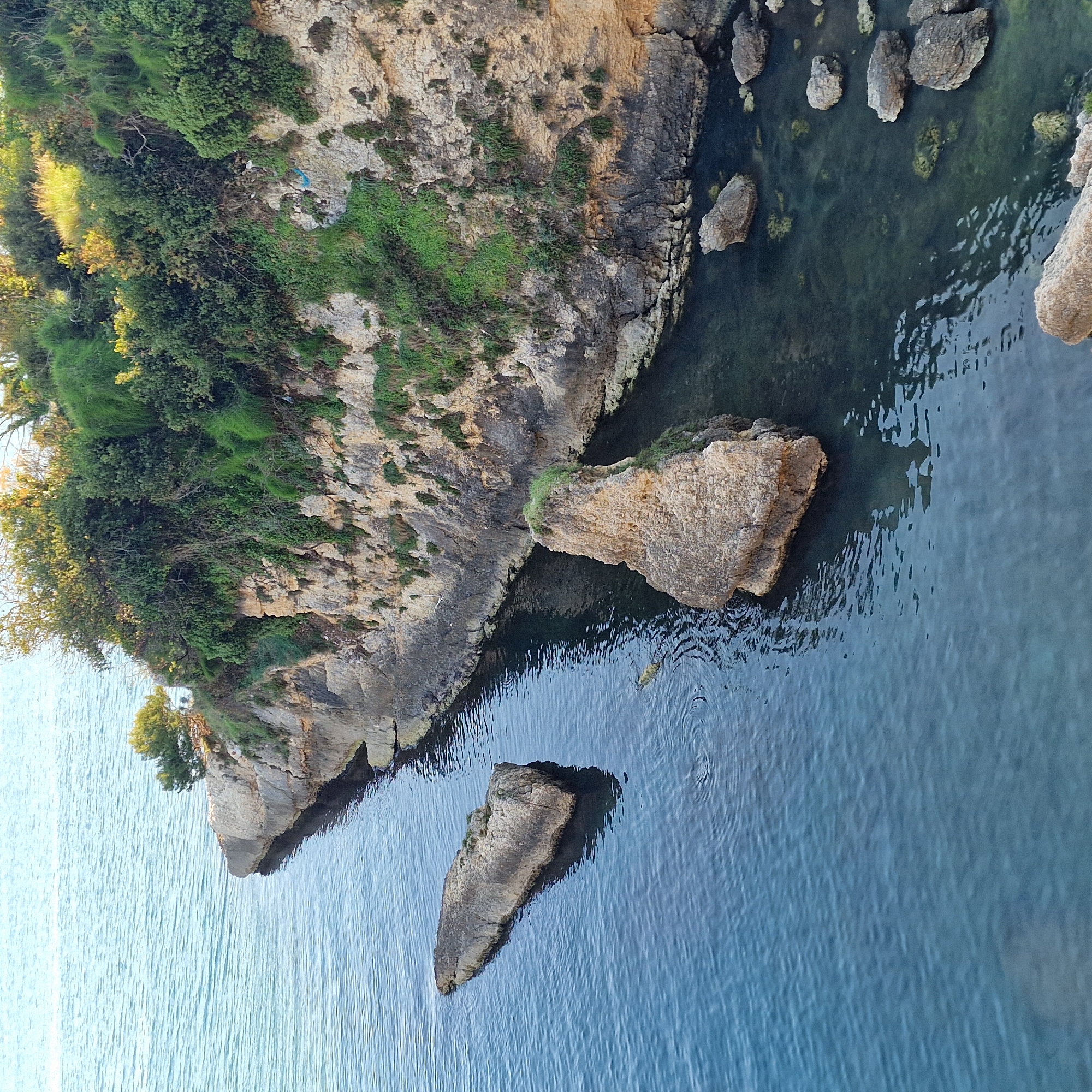 The image shows an aerial view of the coast in Ulcinj - Ulqin, Montenegro. A rocky promontory covered in vegetation extends into the blue water. Smaller rock formations are visible both on the coast and within the water. The water is clear near the rocky areas but becomes a deeper blue further out.