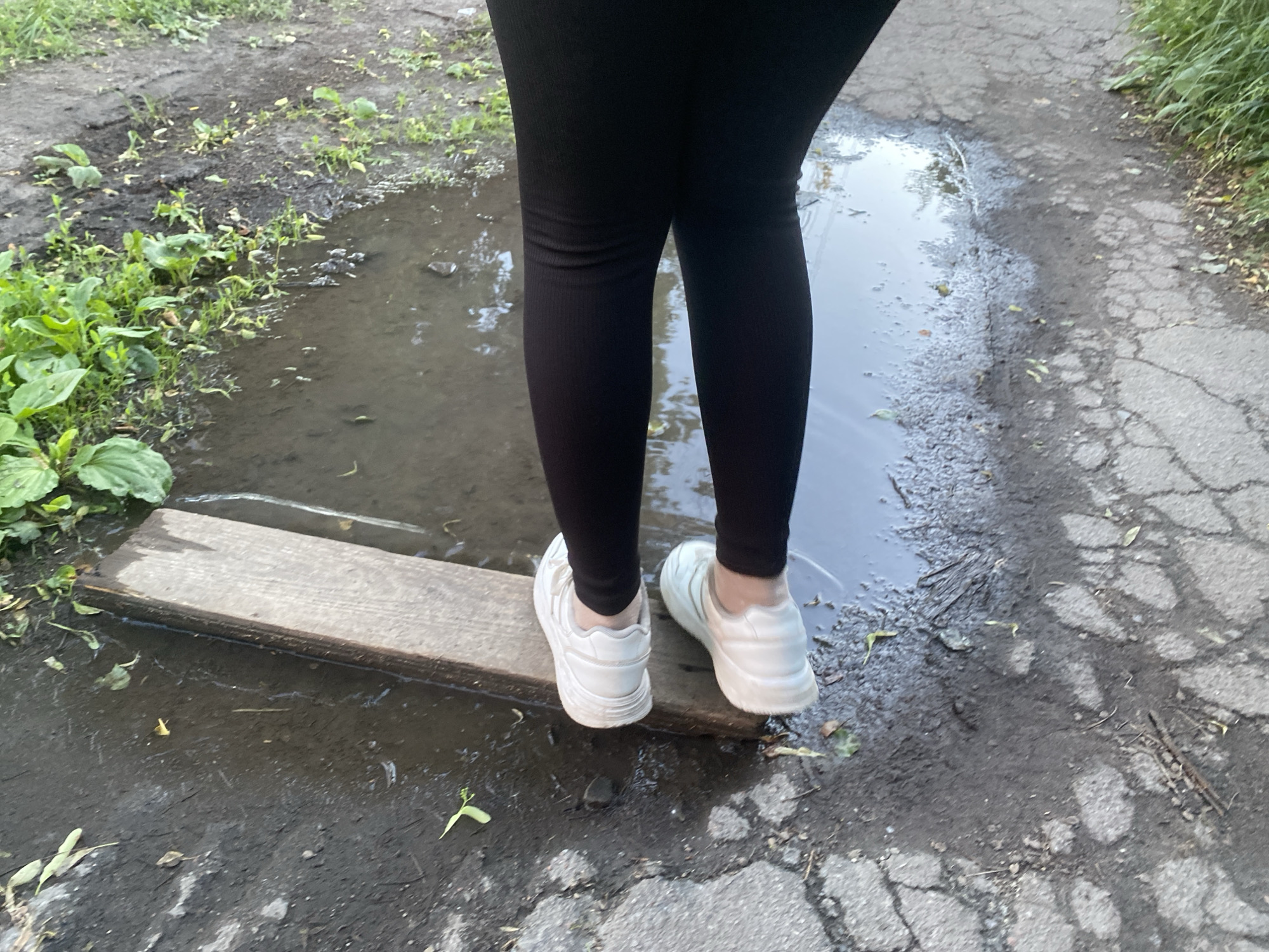 A person wearing black leggings and white sneakers stands on a weathered wooden plank placed across a puddle of water. The puddle is situated between a patch of vegetation on the left and a cracked paved surface on the right. The location is possibly in a public space, considering the worn paving and the presence of natural vegetation. Due to the details of the image alone, it is not possible to confirm the location as Poltava, Ukraine.