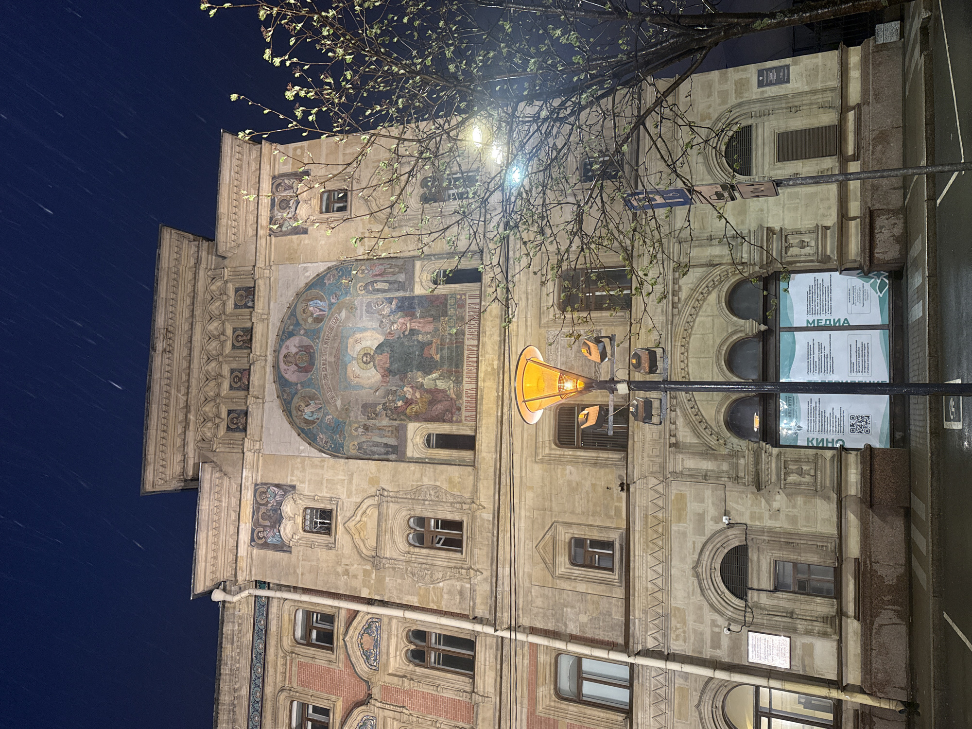 The image shows the facade of the DLT House on Bolshaya Konyushennaya Street in Saint Petersburg, Russia, at night. The building features a large mosaic and intricate architectural details. A street lamp and a sign with the word "MEDIA" in Russian are visible. Bare tree branches extend into the frame, partially obscuring the building. The sky is dark, possibly indicating it is late at night or early morning.