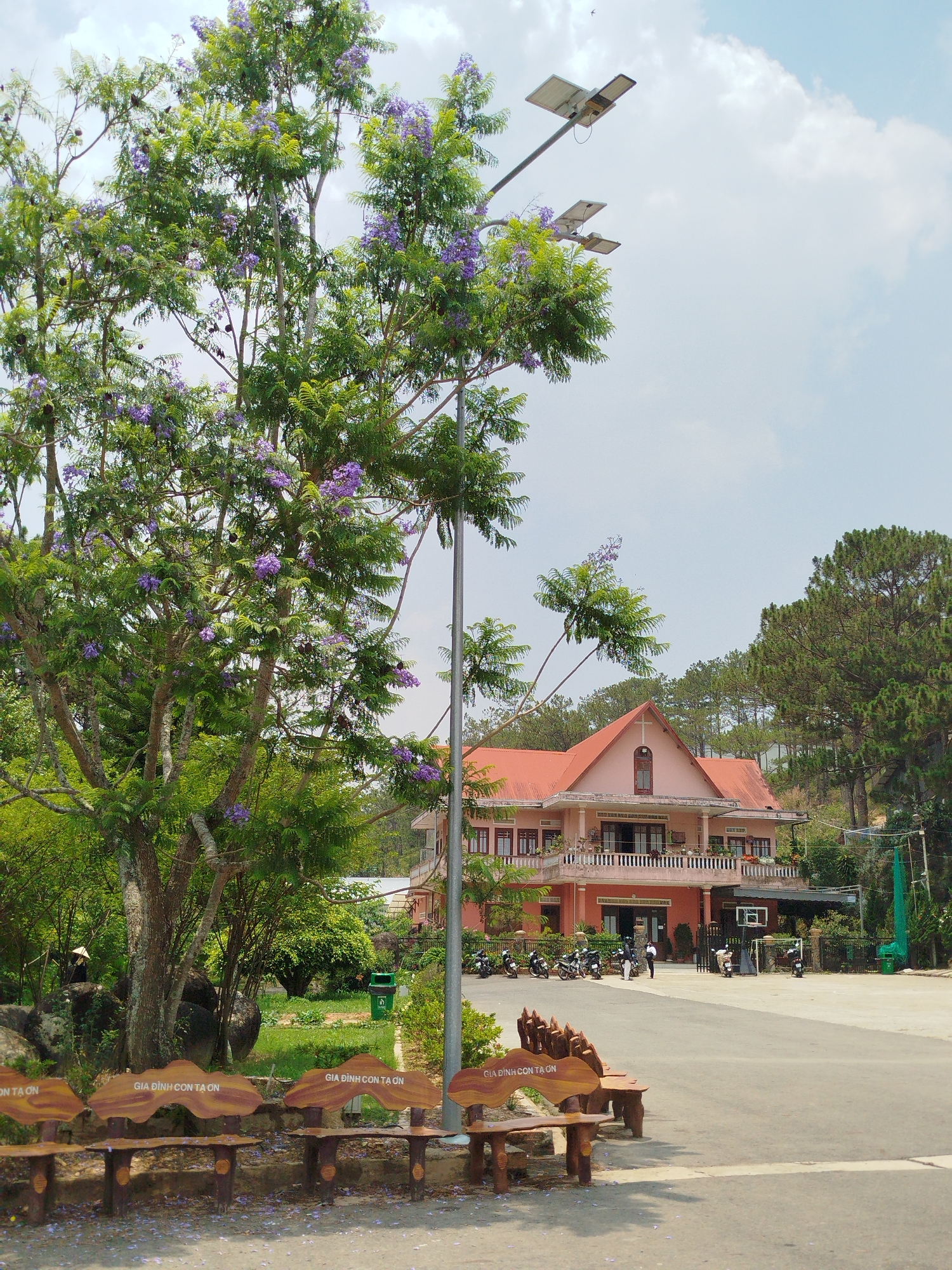 The image captures a scene in Lang Biang - Đà Lạt, Vietnam, showcasing a two-story pinkish building with an orange tile roof. A cross adorns the facade, suggesting a religious or institutional purpose. In front of the building, a paved area hosts several parked motorbikes and a few people walking around. A basketball hoop stands on the side, adding an element of recreation.
In the foreground, a series of wooden benches with unique backrests spelling out "GIA ĐÌNH CON TẠ ƠN" are lined up. A tall tree with vibrant green foliage and purple flowers dominates the left side of the frame. A lamppost with multiple solar panels rises near the tree. The background is filled with lush greenery and trees, and the sky is partly cloudy.