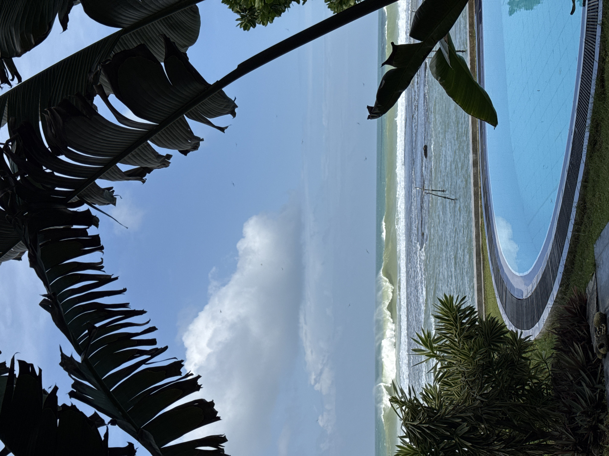 The image depicts a coastal scene in Goviyapana, Sri Lanka. In the foreground, a curved swimming pool with bright blue water is visible, bordered by dark wood and gray tiling. Lush green grass surrounds the pool, with a variety of tropical plants and foliage on the left side. Large, dark green banana leaves frame the top and right sides of the image, creating a natural archway.
Beyond the pool, a body of water, likely the ocean, is seen with significant waves breaking near the shore. The water is a greenish-blue hue, and white spray is visible from the impact of the waves. The sky above is a bright blue, with scattered white clouds. Several small dark shapes, possibly birds, are visible in the sky. In the distance, a line of wooden poles stands in the water, suggesting a fishing or marker system. The overall atmosphere is that of a tropical resort setting with a dynamic ocean view.
