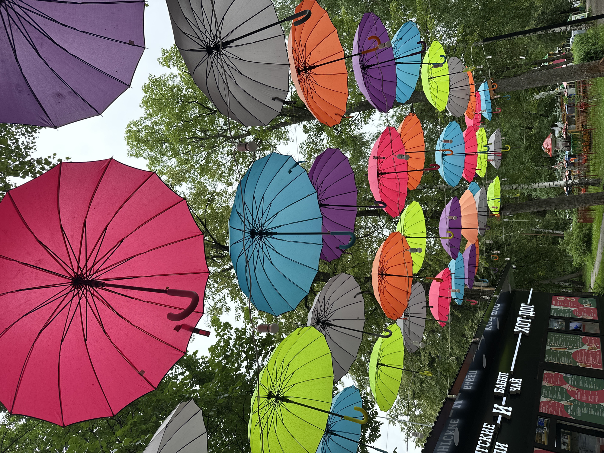 This is a low-angle, eye-level, outdoor photograph taken on a cloudy day. The primary subjects are numerous colorful umbrellas suspended overhead, creating a canopy effect. The umbrellas are in various shades of pink, purple, blue, orange, gray, and bright green, and are arranged in overlapping rows at different heights. They are supported by thin wires strung between trees and poles. Some of the umbrellas appear slightly wet, suggesting recent rain.
Beneath the umbrellas, a black building with illuminated signs is visible. The signs are in Cyrillic script. One prominent sign reads "ХОТ-ДОГ," indicating a hot dog vendor. Another sign on the left appears to list food and drink items. Behind the building and to the right, a park-like setting with green trees and grass is evident. In the background, hints of children's amusement rides, including a mushroom-shaped structure, suggest this is a public recreational area. The overall impression is a festive, outdoor market or park setting.
The photograph was taken in Izhevsk, Russia, specifically at the Izhevsk Zoo's amusement park area, which is decorated with these umbrellas.