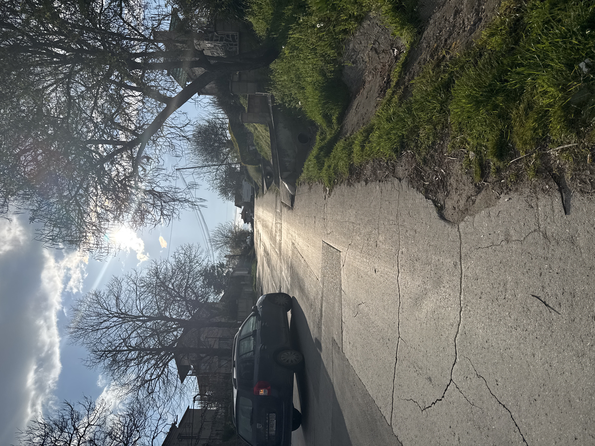 The image shows a street in Topoli, Bulgaria. The street is paved with cracked asphalt and lined with green grass and bare trees. A dark-colored car is parked on the side of the road. The sky is visible through the trees, with the sun shining and a few clouds present. In the distance, there are some houses and a drainage ditch.