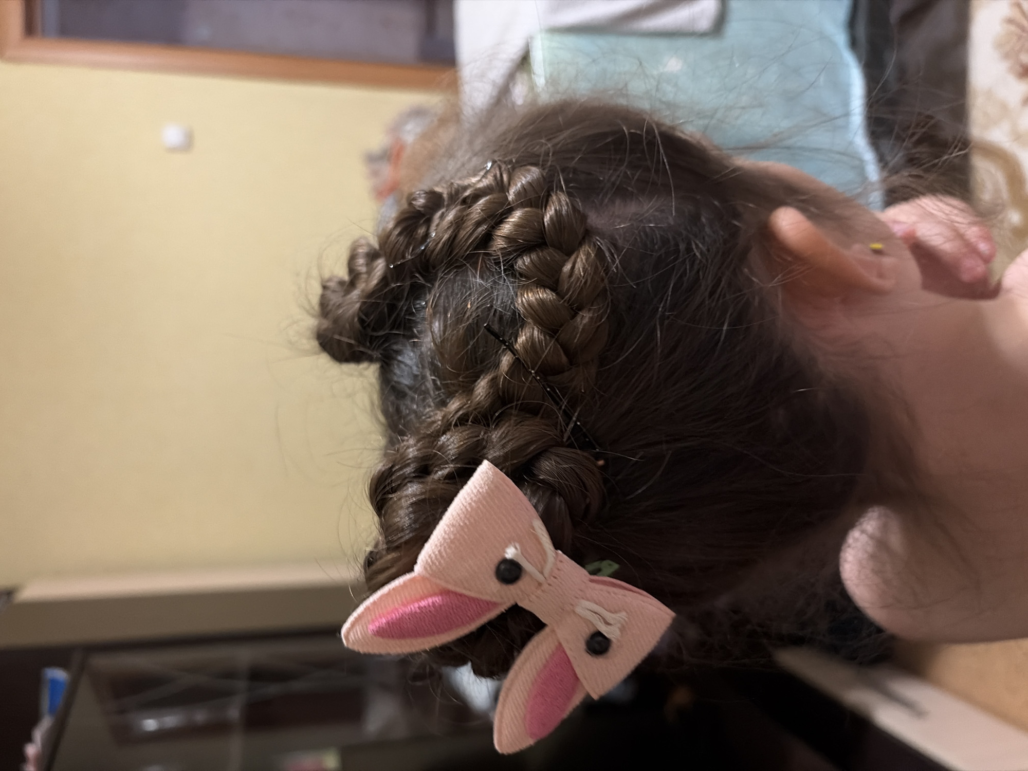 The image shows the back of a young person's head, adorned with a pink bow shaped like bunny ears and intricate braids. The setting appears to be indoors, with a muted yellow wall in the background and hints of furniture. The overall scene is intimate and personal, suggesting a domestic environment. There is no indication of the city of Tambov, Russia, or any other specific location.