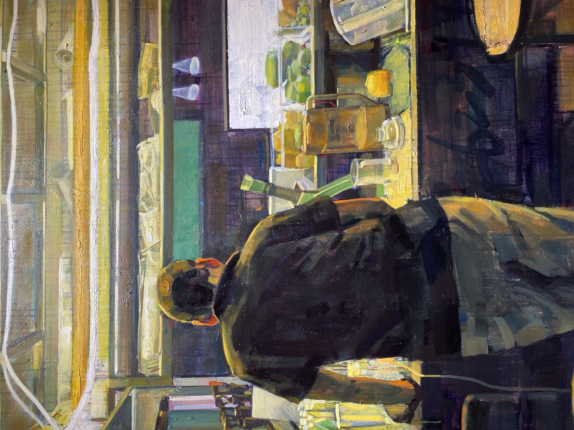 This is an oil painting depicting a man standing in front of a counter at what appears to be a food stall or small eatery. The man is viewed from behind, wearing a dark short-sleeved shirt and light-colored pants, and a baseball cap. He is leaning on the counter, with his left arm extended.
The counter is laden with various items, including glass pitchers filled with amber-colored liquid, cups, a lemon, and containers of what seem to be produce, possibly limes or avocados. Behind the counter, shelves are stocked with more items, and there are overhead fluorescent lights casting a warm glow on the scene. The background includes dark shelving and a green-colored wall or partition.
The painting style is expressive with visible brushstrokes, conveying a sense of atmosphere and light. The overall impression is of a candid moment captured in a busy, possibly urban, environment. There is no visible indication of the location being in Yuzhong District, China; this information is not discernable from the image itself.