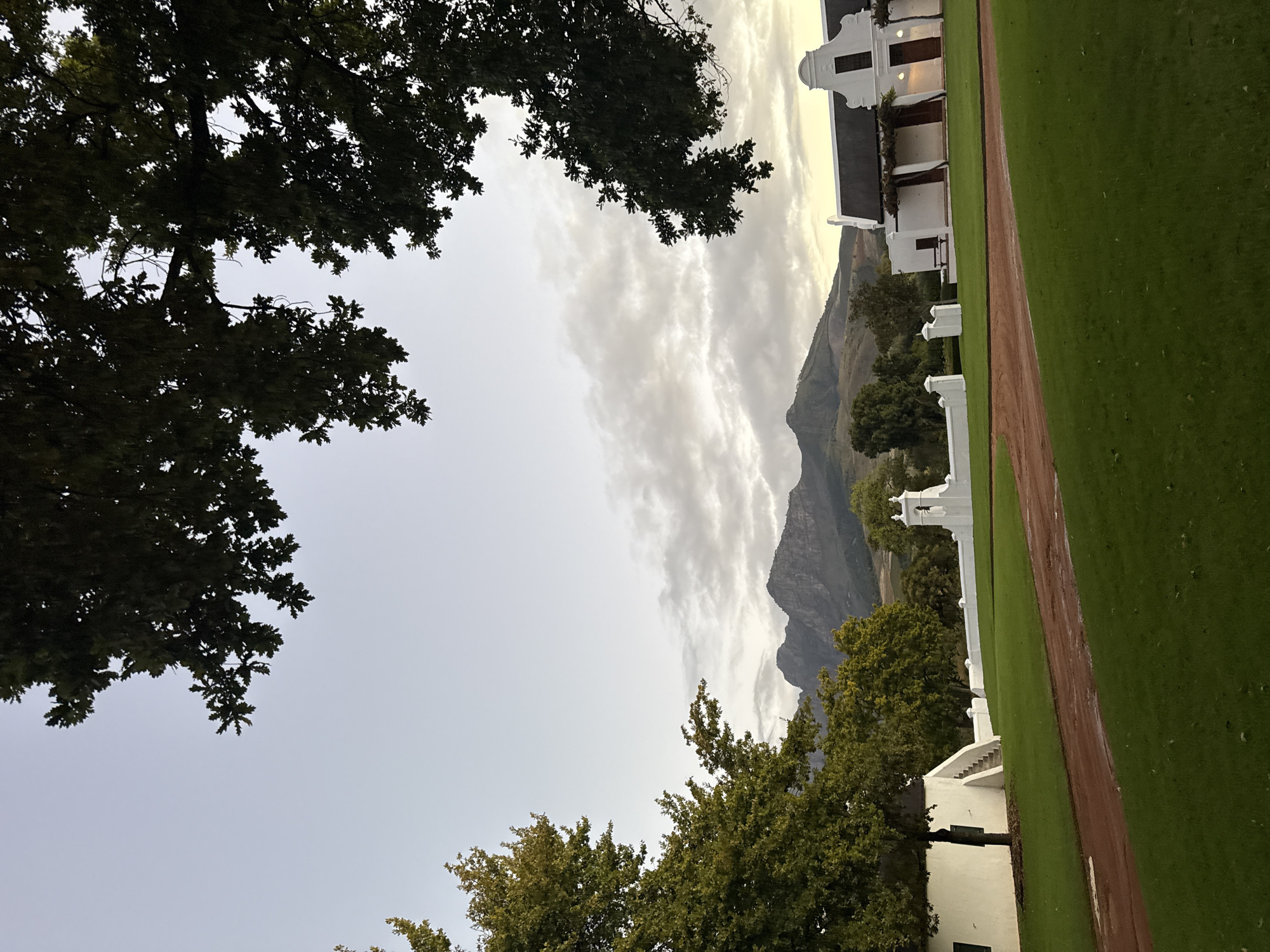 The image captures a serene outdoor scene, characteristic of the Drakenstein Nu region in South Africa, showcasing a blend of architectural heritage and natural beauty.
The primary subject is a stately Cape Dutch-style building, distinguished by its gleaming white walls, ornate gables, and dark, contrasting roof. Dark window or door frames are visible beneath a classic veranda. This grand structure stands prominently on the right side of the frame.
In the immediate foreground, a meticulously maintained green lawn stretches across, segmented by a well-defined reddish-brown path or track. Further along the lawn, another smaller white building or structure with a visible set of steps can be seen.
The scene is framed from the top and left by the dark, silhouetted branches and dense foliage of large trees, creating a natural border. In the midground and extending into the background, lush green trees are scattered, adding depth to the landscape. Dominating the distant background are imposing mountains with rugged peaks, partially shrouded by a soft, cloudy sky.
The sky is overcast with diffused light, indicating either an early morning or late afternoon ambiance, creating a gentle illumination over the landscape. There are no people visible, and no specific activity or event is taking place, contributing to a tranquil and timeless atmosphere. No text is visible within the image. The architectural style, combined with the mountainous terrain and verdant landscape, strongly points to the Western Cape's picturesque wine lands.