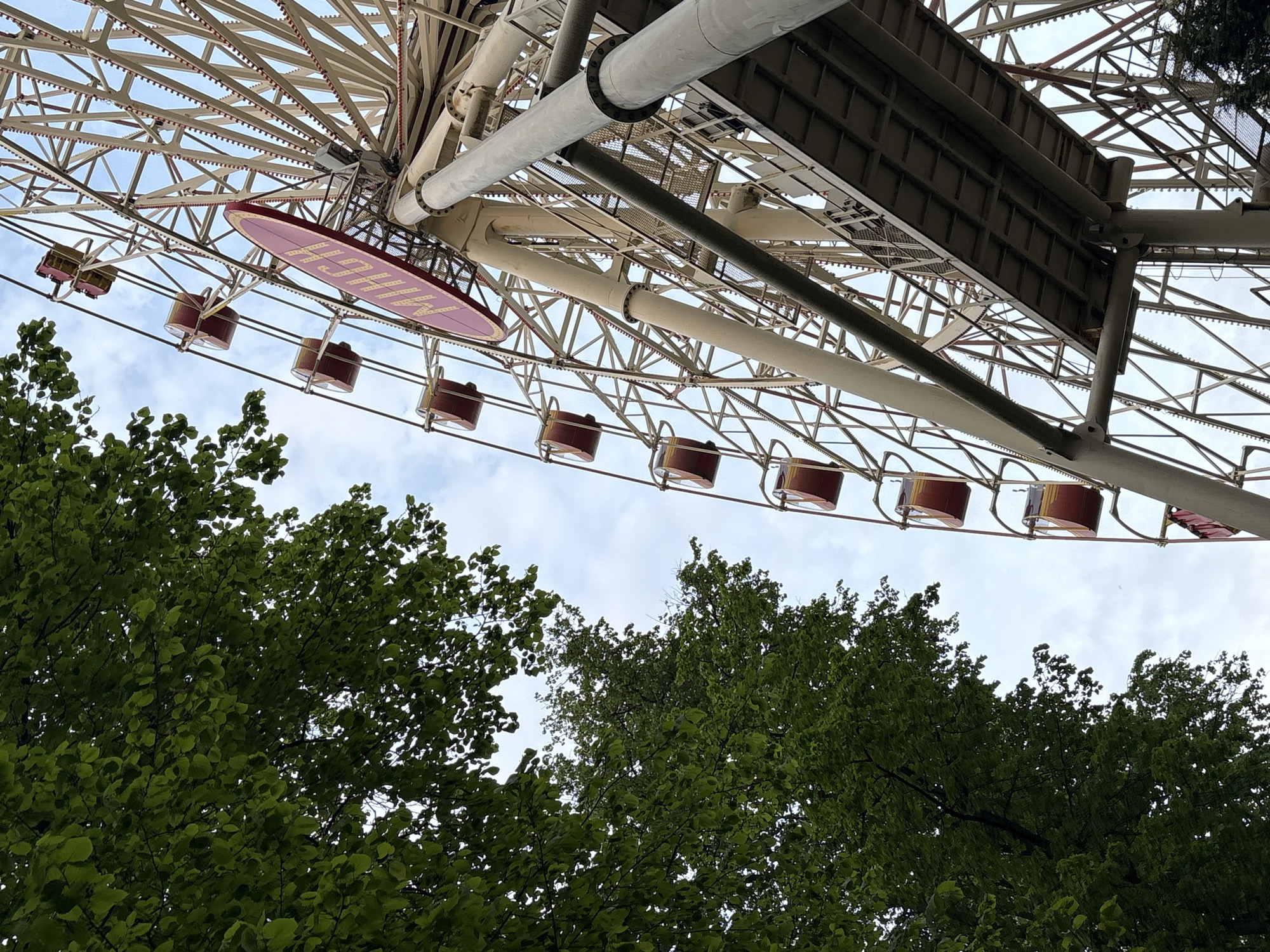 The image shows a Ferris wheel in Gorky Park, Minsk, Belarus, viewed from below. The lower portion of the image is dominated by dense green foliage from trees. Above the trees, the Ferris wheel structure is visible, consisting of support beams, cross-bracing, and passenger cars. The wheel itself is white, with red-trimmed gondolas. The sign "Minsk" is visible at the top of the wheel. The sky is visible through gaps in the structure and foliage, and is overcast.