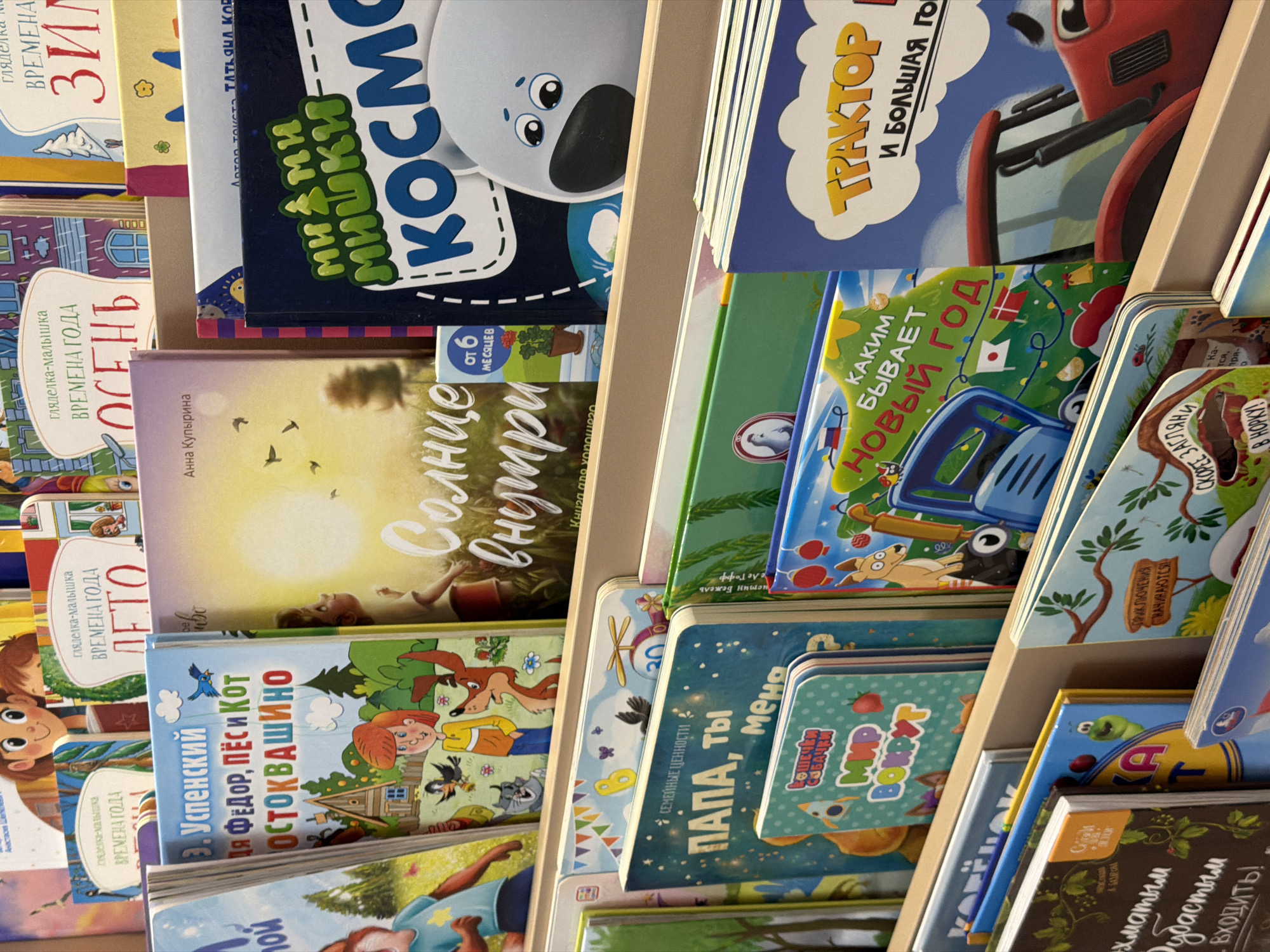 The image shows a selection of children's books on a multi-tiered shelf, possibly in a bookstore or library in the city of Chaikovsky, Russia. The books are displayed with their covers facing forward, showcasing titles and illustrations. The books have different titles and illustrations like "Мишки космо", "Солнце внутри", "ДЯ ФЕДОР, ПЁСИ КОТ ОСТОКВАШИНО", "ТРАКТОР И БОЛЬШАЯ ГО", "ПАПА, ТЫ МЕНЯ", "КАКИМ БЫВАЕТ НОВЫЙ ГОД", "ВРЕМЕНА ГОДА". The shelves are light-colored wood. The scene appears to be indoors under bright lighting.