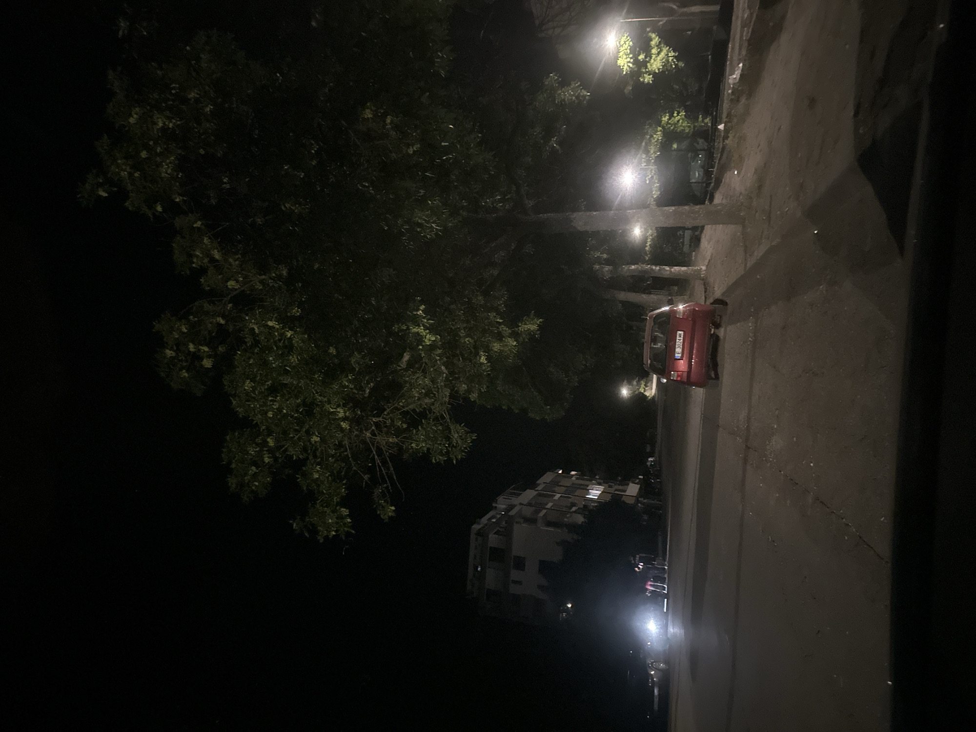 The image displays a nighttime street scene in Blagoevgrad, Bulgaria. The perspective is from inside a vehicle, with a dark area consistent with a dashboard or window frame at the bottom. A paved road surface with visible cracks occupies the foreground and middle ground.
On the right side of the road, a red Volkswagen Polo, bearing Bulgarian license plate "E 3024 MK", is parked facing away from the viewer, partially on an unpaved dirt shoulder. Large, mature trees with dense green foliage, illuminated by streetlights, line the right side of the road and extend upwards, partially obscuring the sky. Several streetlights are visible, emitting bright white-yellow light and creating lens flare effects.
On the left side of the road, a multi-story white building with multiple windows and balconies is partially visible. Its upper floors and some windows are illuminated. Further down the road on the left, a vehicle with intensely bright headlights is either parked or stopped, obscuring its make and model due to glare. Two to three individuals are standing near this vehicle; one figure is distinctly visible in pink attire, but their specific actions or interactions are not clearly discernible. The sky above is dark and cloudless.
