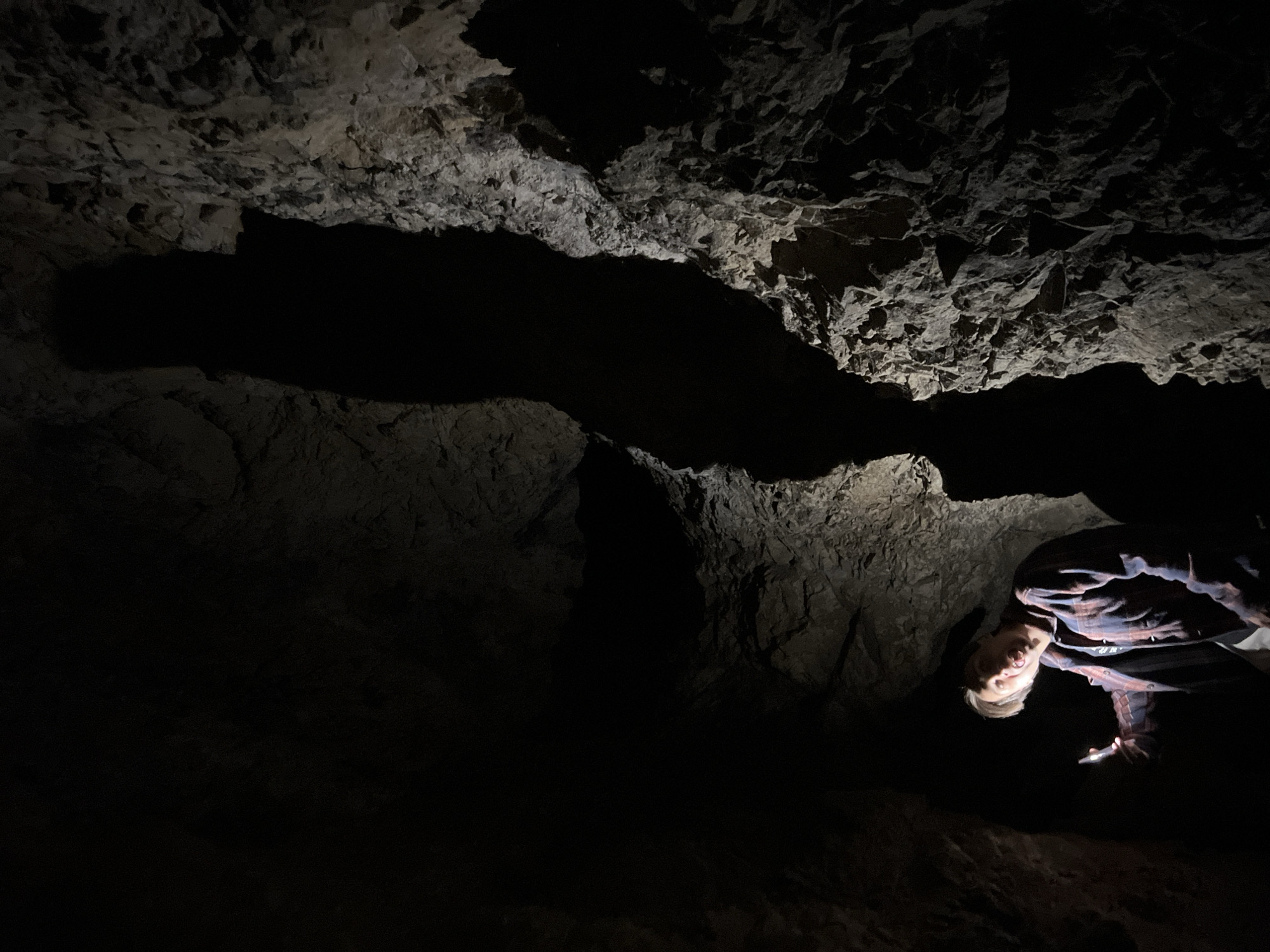 The image depicts a young person inside a cave. The person, wearing a plaid shirt, is illuminated by a handheld light source, possibly a phone, which they are holding to their right. Their face is turned towards the light, with their mouth slightly open. The cave walls are rough and textured, with shadows obscuring much of the background. There is a large, dark shadow cast on the cave wall to the right of the person, possibly the shadow of the person themselves or another object. The lighting suggests the photo was taken in a dark, enclosed space. This scene appears to be in the Nitra area, likely within the Zobor cave system, known for its karst formations and underground passages.