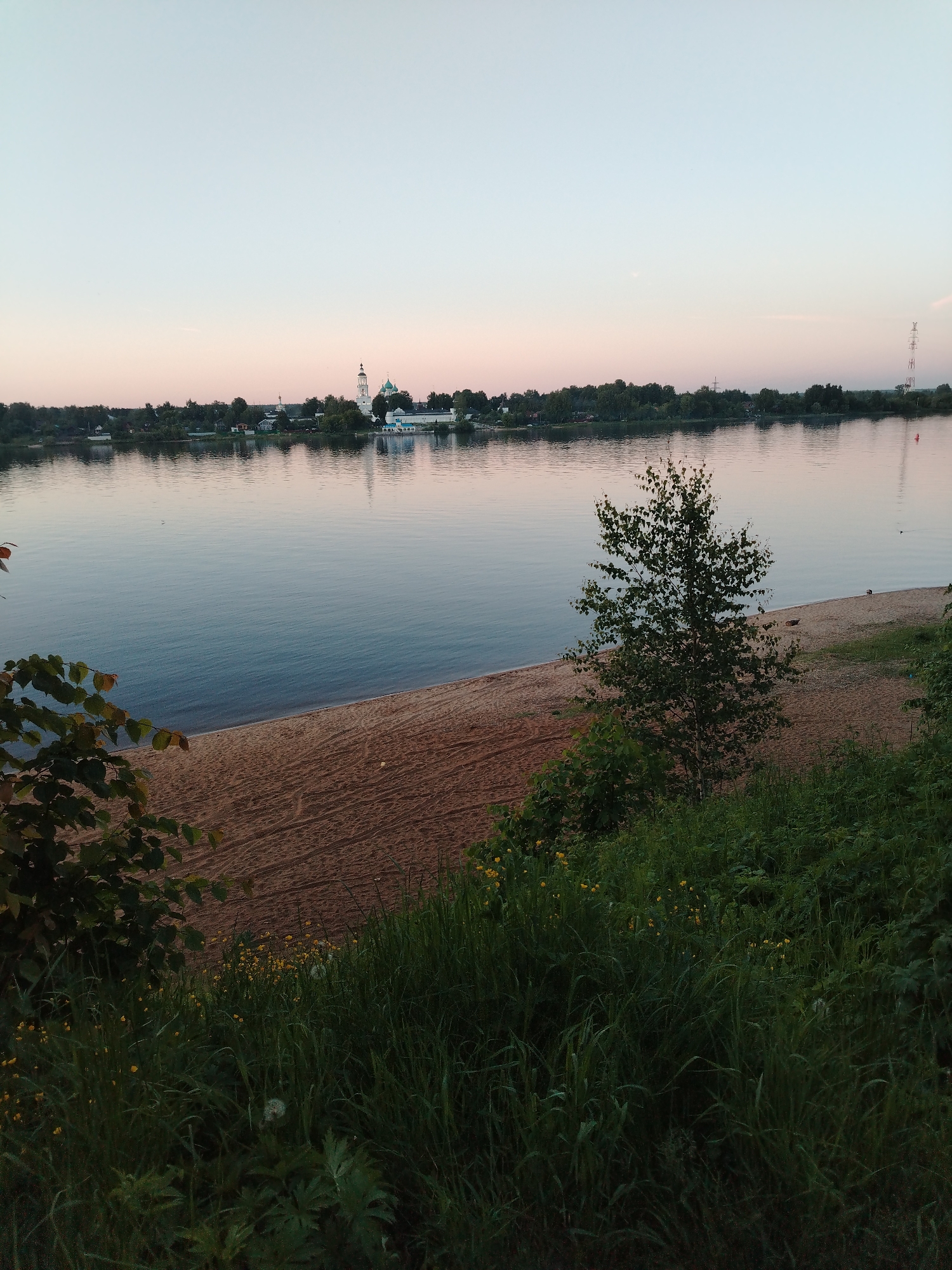 This image, captured in Rusanovo, Russia, depicts a tranquil riverside landscape under a soft, diffused light, indicative of either dawn or dusk. The upper portion of the frame features a clear sky with a gentle gradient, transitioning from a light blue overhead to a delicate pink-peach at the horizon. A broad expanse of calm water occupies the middle ground, subtly reflecting the sky and the distant opposite bank.
On the far bank, a continuous line of dark green trees and foliage frames a small settlement. Prominently positioned on the left side of this distant shore is a white architectural complex, characterized by multiple green-domed structures and a tall bell tower, resembling a monastery or church. Other smaller buildings are interspersed among the trees. To the far right on the distant shore, a tall, slender transmission tower or antenna is visible against the sky. A single red buoy floats on the water's surface towards the right side.
In the foreground, a strip of sandy beach separates the water from a vegetated embankment. The sand displays subtle imprints or tracks. On the sandy edge, to the right of the frame's center, two dark, indistinct shapes, possibly waterfowl such as ducks or geese, are observed near the water. The immediate foreground is dominated by a lush, dark green growth of tall grasses, varied shrubs, and a few clusters of small yellow flowers. A solitary, medium-sized deciduous tree with green leaves stands upright on the sandy bank, rising above the foreground vegetation. There are no human figures visible in the scene.