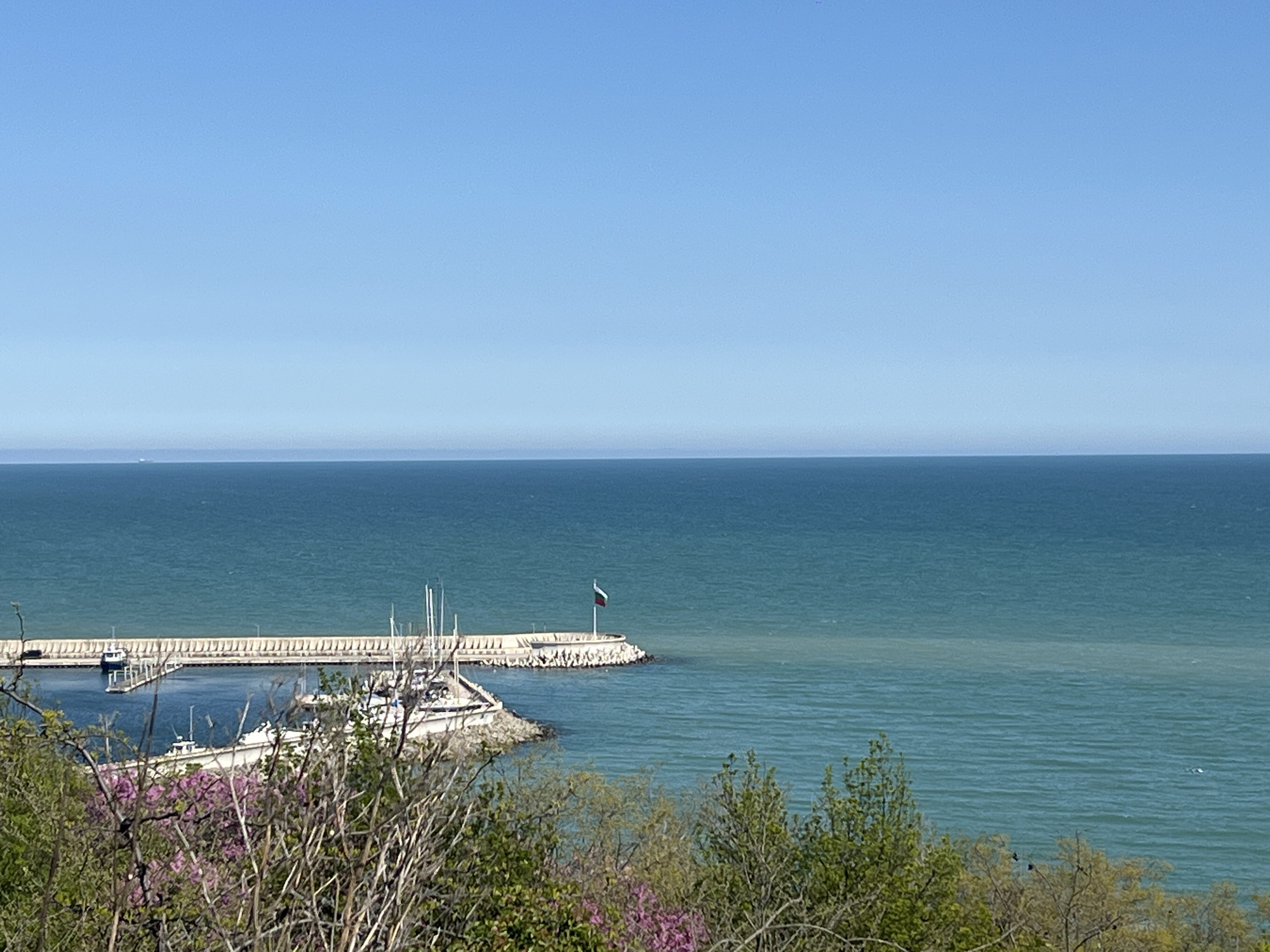 The image shows a view of the Black Sea from a higher vantage point in Burgas, Bulgaria. The calm sea stretches to the horizon under a clear blue sky. A long, concrete pier extends into the water, protecting a harbor filled with several boats. A Bulgarian flag is visible at the end of the pier. The foreground is characterized by trees and flowering bushes.