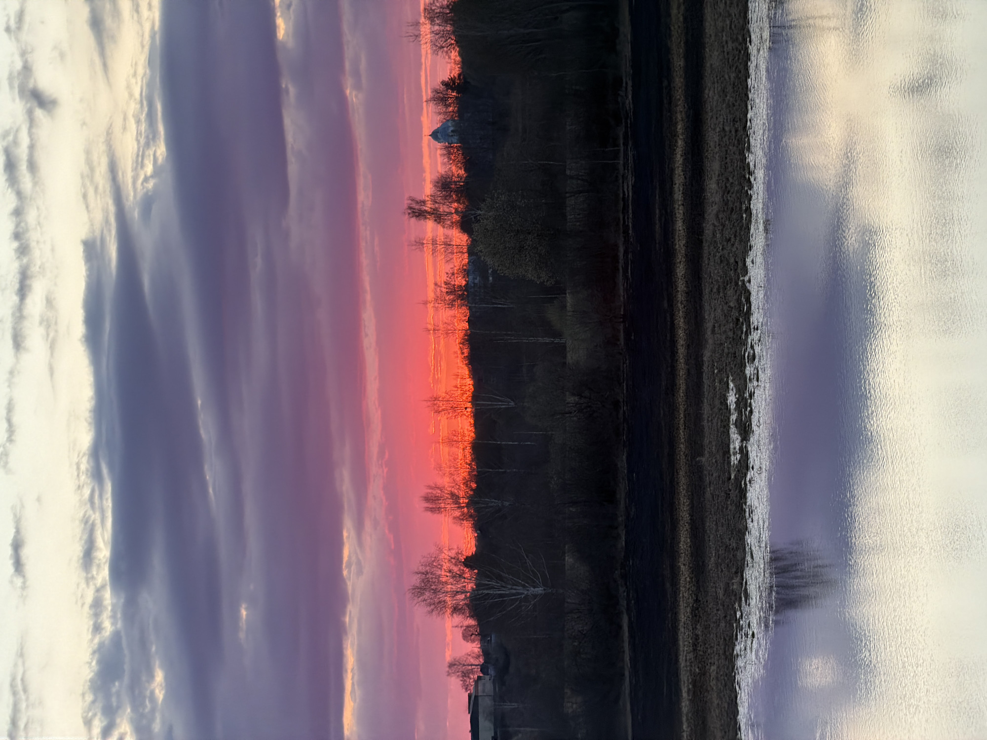 A landscape photograph shows a sunset with purple and orange hues streaking across the sky. A dark line of trees is silhouetted against the colorful sky. To the right, a reflective surface, possibly water, mirrors the sky. The location appears to be rural, with fields and sparse vegetation. A small structure, possibly a church or building with a dome, can be seen among the trees. The scene is peaceful and serene.