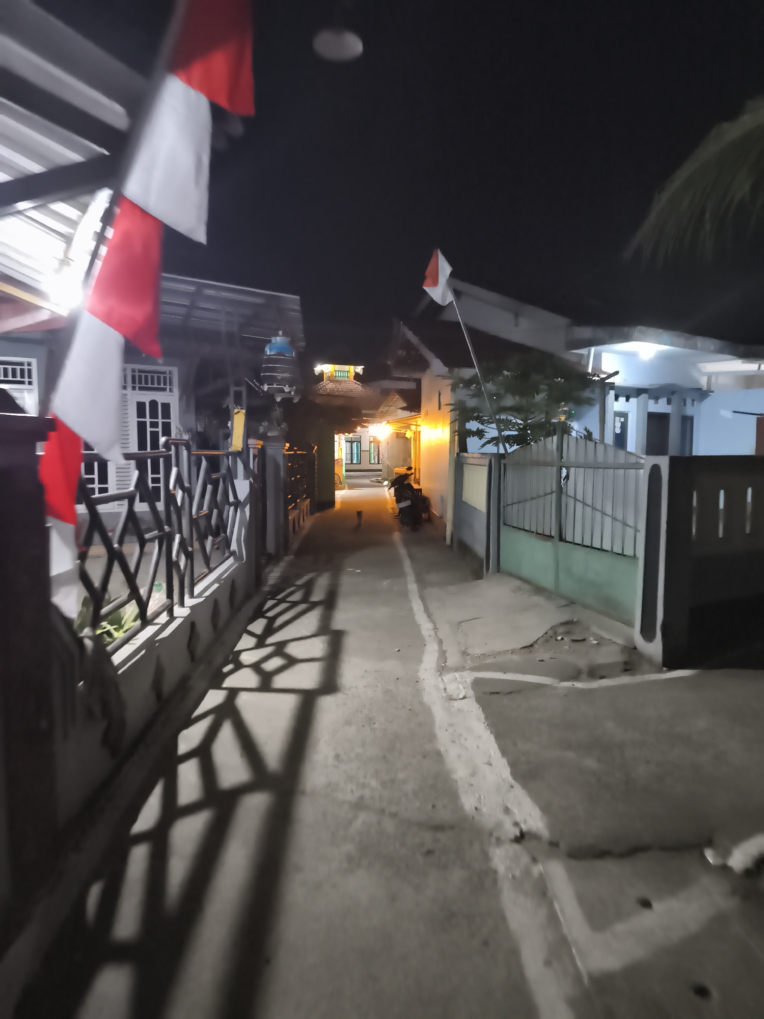 The image depicts a narrow street or alleyway in Kutoarjo, Indonesia, at night. Two flags, red and white, are visible, one prominently in the foreground hanging from a pole and another smaller one further down the alley. The alley is lined with residential buildings and fences. The lighting suggests artificial illumination from streetlights or house lights, casting long shadows on the ground. A motorcycle is parked on the left side of the alley. The overall scene suggests a quiet residential area at night.