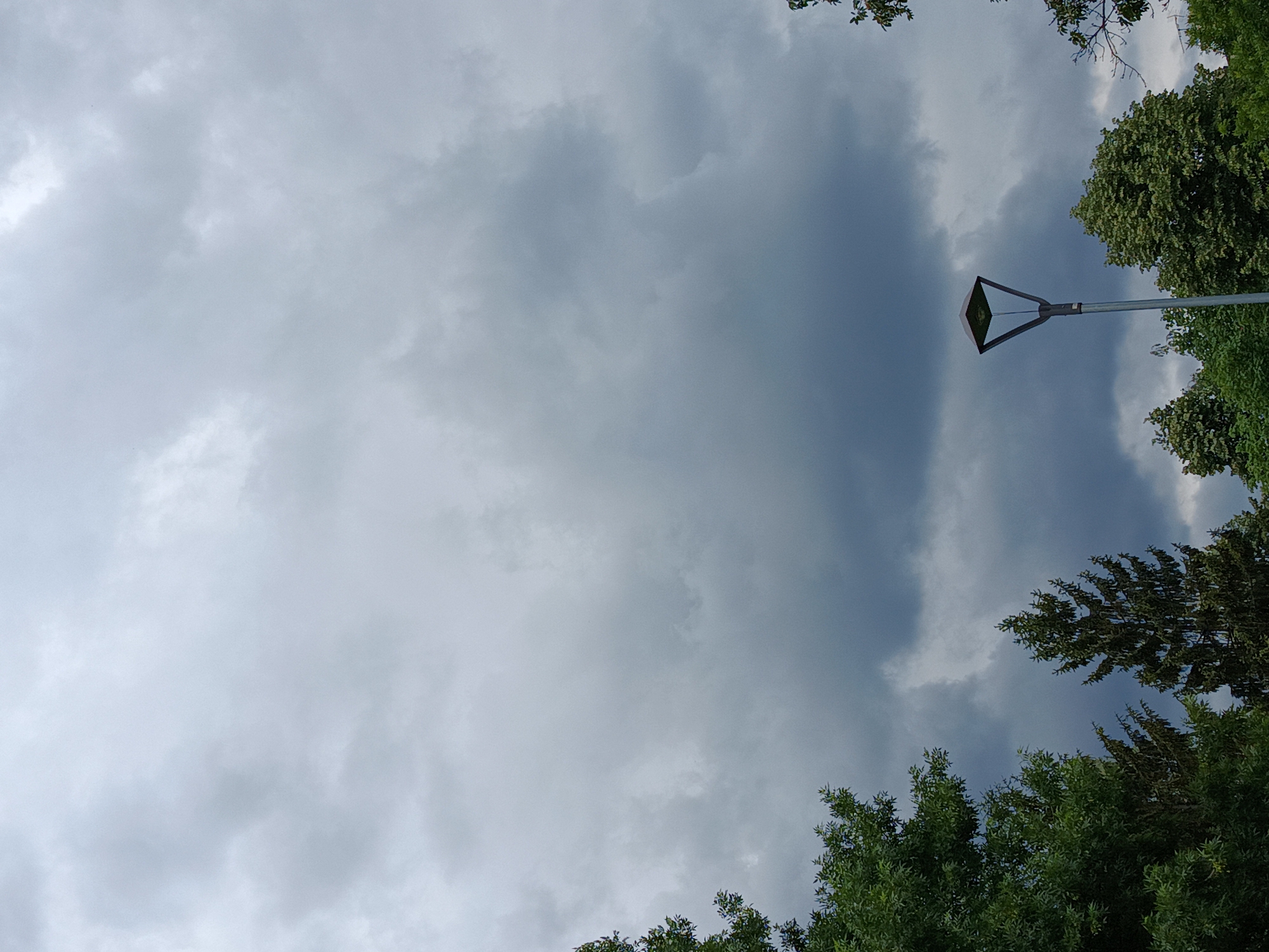 The image shows a view of the sky with heavy, gray clouds. Trees are visible around the edges of the frame, suggesting a park or green space. A modern-style lamppost is also visible on the right side of the image. Without any other information or context, it is not possible to confirm that this photo was taken in Sofia, Bulgaria.