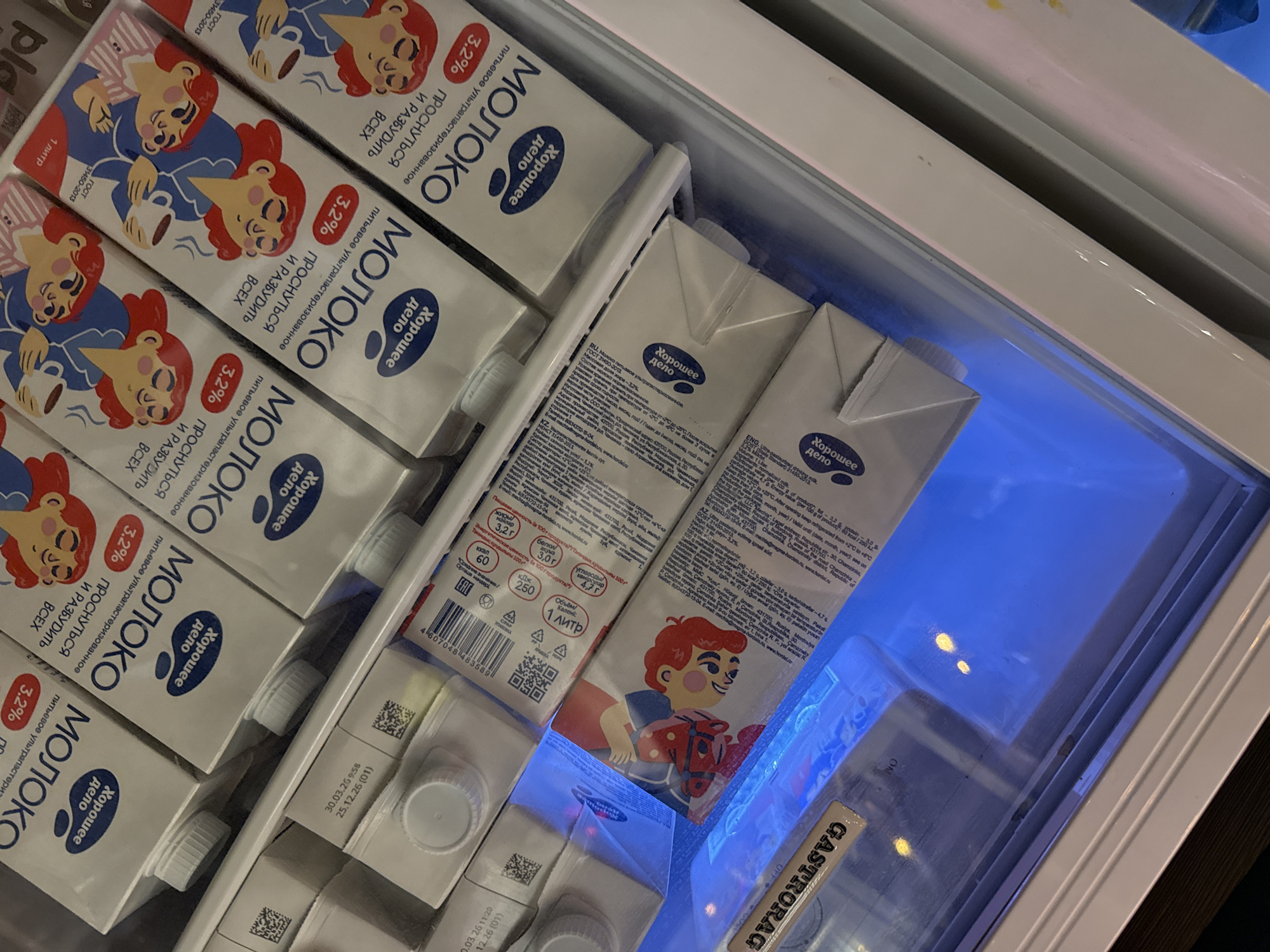 The image depicts a refrigerated shelf, likely in a store in Dolgoprudny, Russia. The shelf is stocked with cartons of milk. The milk cartons are predominantly white with blue lettering, featuring the Cyrillic word "МОЛОКО" (milk) and the brand "Хорошее дело" (Good Deal). Some cartons have a cartoon illustration of a person, while others have information about nutritional content and the product's origin. The refrigeration unit has bright blue lighting, and a "GASTRORAG" label is visible on the door. Date markings such as "30.03.20 9:58" and "25.12.26 (01)" are printed on the top of the cartons.