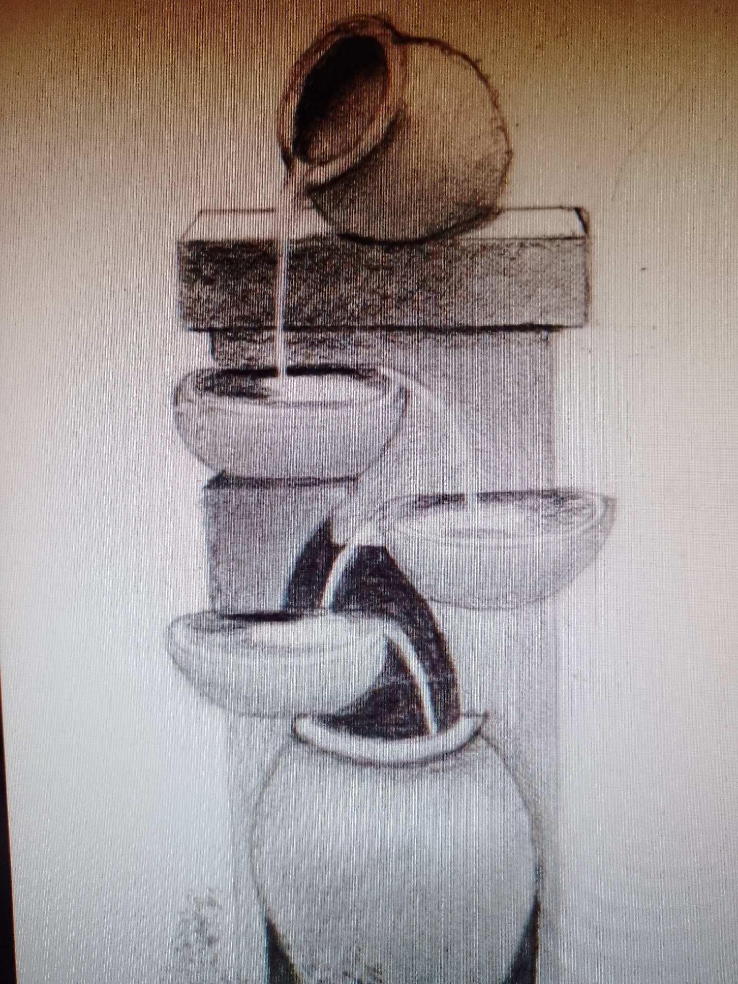 The image depicts a drawing of a multi-tiered water fountain. At the top is a clay pot with water pouring out of it. The water flows into a series of bowl-shaped containers stacked vertically. The water trickles from one bowl to the next until it reaches a larger vessel at the base of the fountain. The fountain appears to be constructed from stone or similar material. The background is plain. The location is unknown.