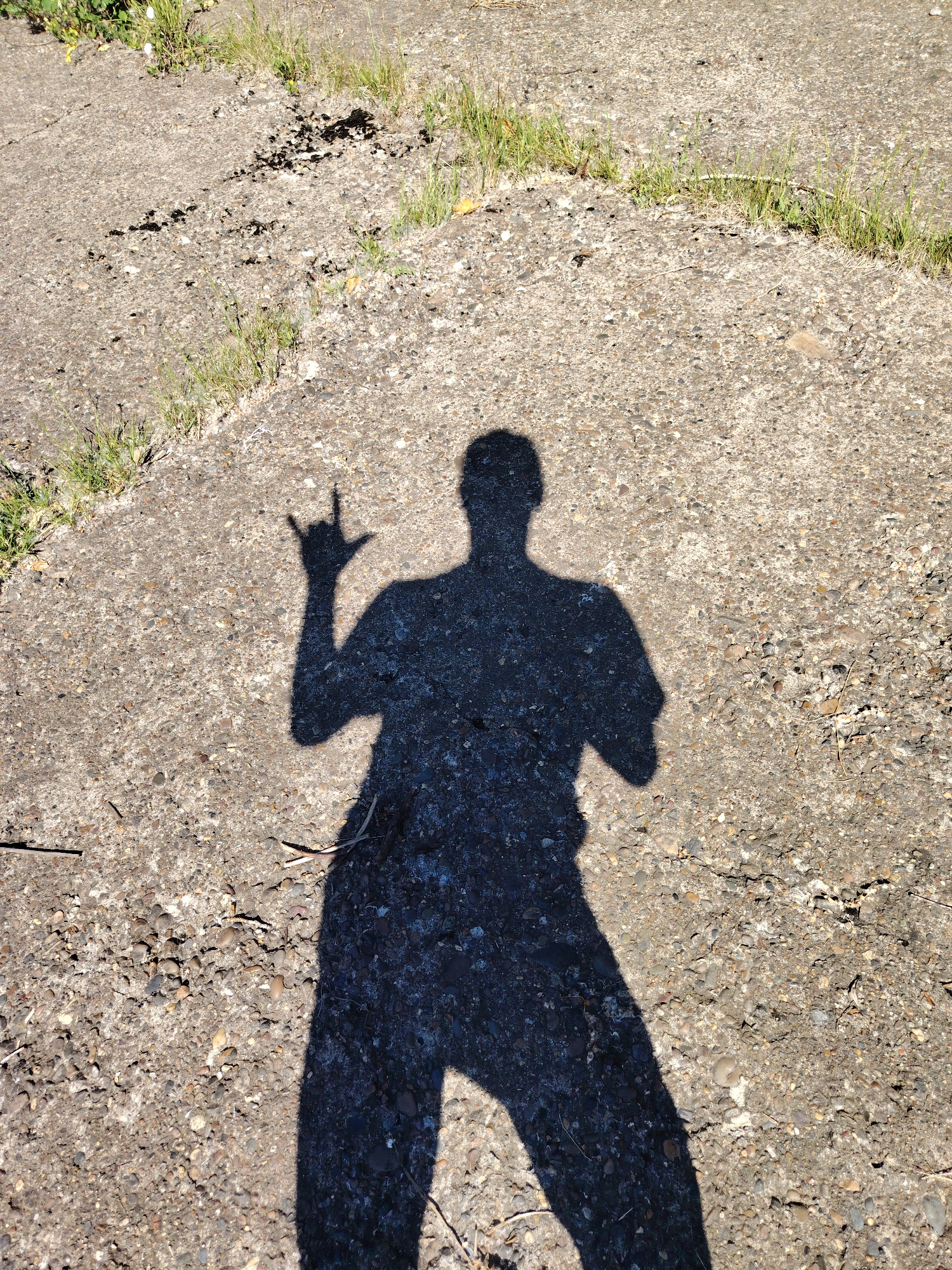 This image captures the shadow of a person standing on a cracked concrete surface with patches of grass growing through it. The shadow is cast by the sun, indicating it is daytime. The person's shadow is making a "rock on" hand gesture. The concrete appears weathered and textured, with small pebbles and debris visible. The grass is green and growing in tufts, suggesting an outdoor setting. The lighting suggests a sunny day, likely in the afternoon given the length and angle of the shadow. There is no visible text in the image. The overall impression is casual and informal, with the hand gesture conveying a sense of energy or enthusiasm. The location context of Chaikovsky, Russia, does not provide further specific visual cues within the image itself.