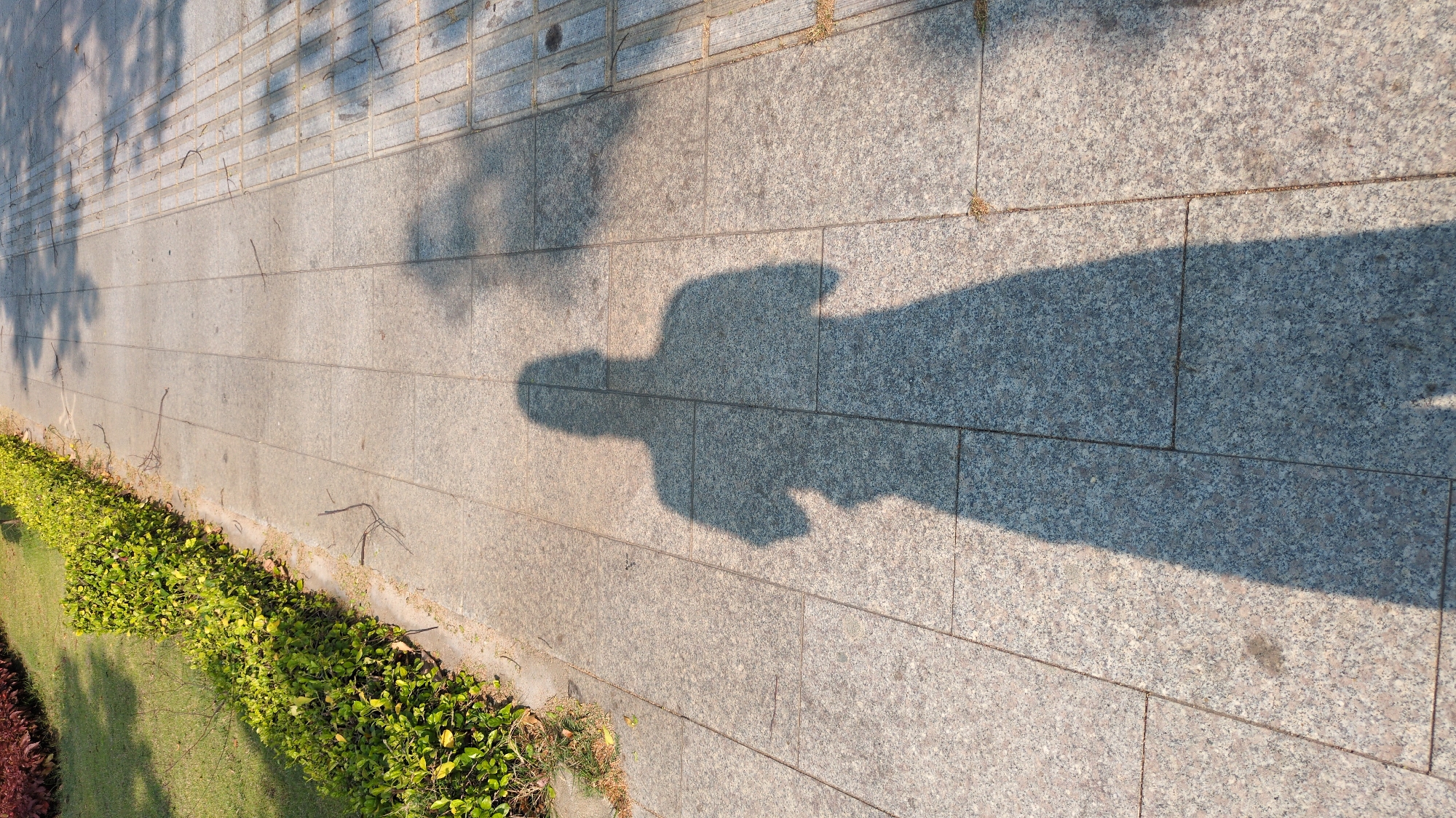 The image shows a shadow of a person on a paved walkway in Phan Rang – Tháp Chàm, Vietnam. The walkway is made of rectangular granite tiles and is bordered on one side by green bushes and grass. The shadow is elongated and falls across multiple tiles. There are also shadows of tree branches visible.